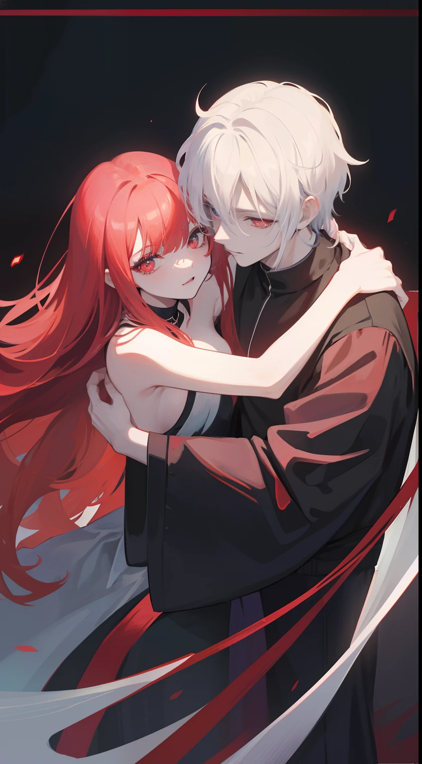 1 man，Sharp red eyes，Sharp pupils，White sharp hair，He wears a black robe，Intimate hug with his blue-eyed red-haired wife（（41 year old face））