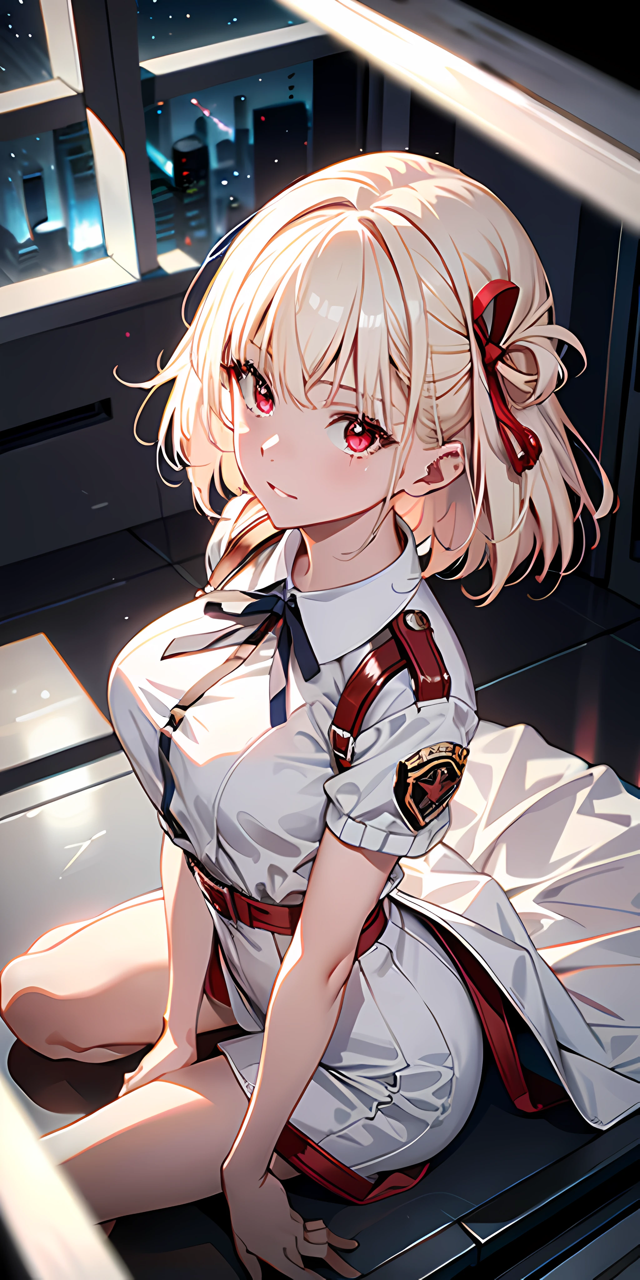 Absurd resolution, high resolution, (masterpiece: 1.4), super detailed, girl alone, from above, space, floating, platinum blonde, medium hair, red eyes