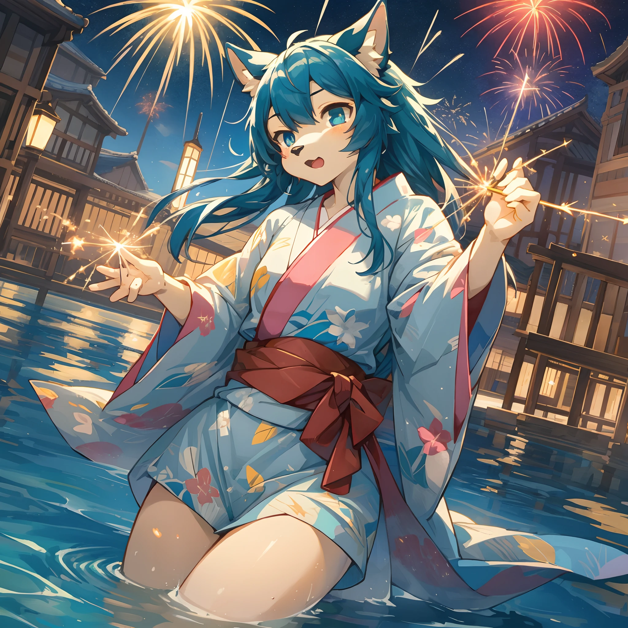 top quality, best quality, High-quality illustrations, masterpiece, super high resolution, detailed background, japanese yukata, nigh sky, sparklers, firework, lake, Water surface reflection, 6+boys, 6+girls, absurdres(highly detailed beautiful face and eyes)perfect anatomy, expression, good lighting, cinematic shadow(kemono, furry anthro)assorted poses, dynamic angle,