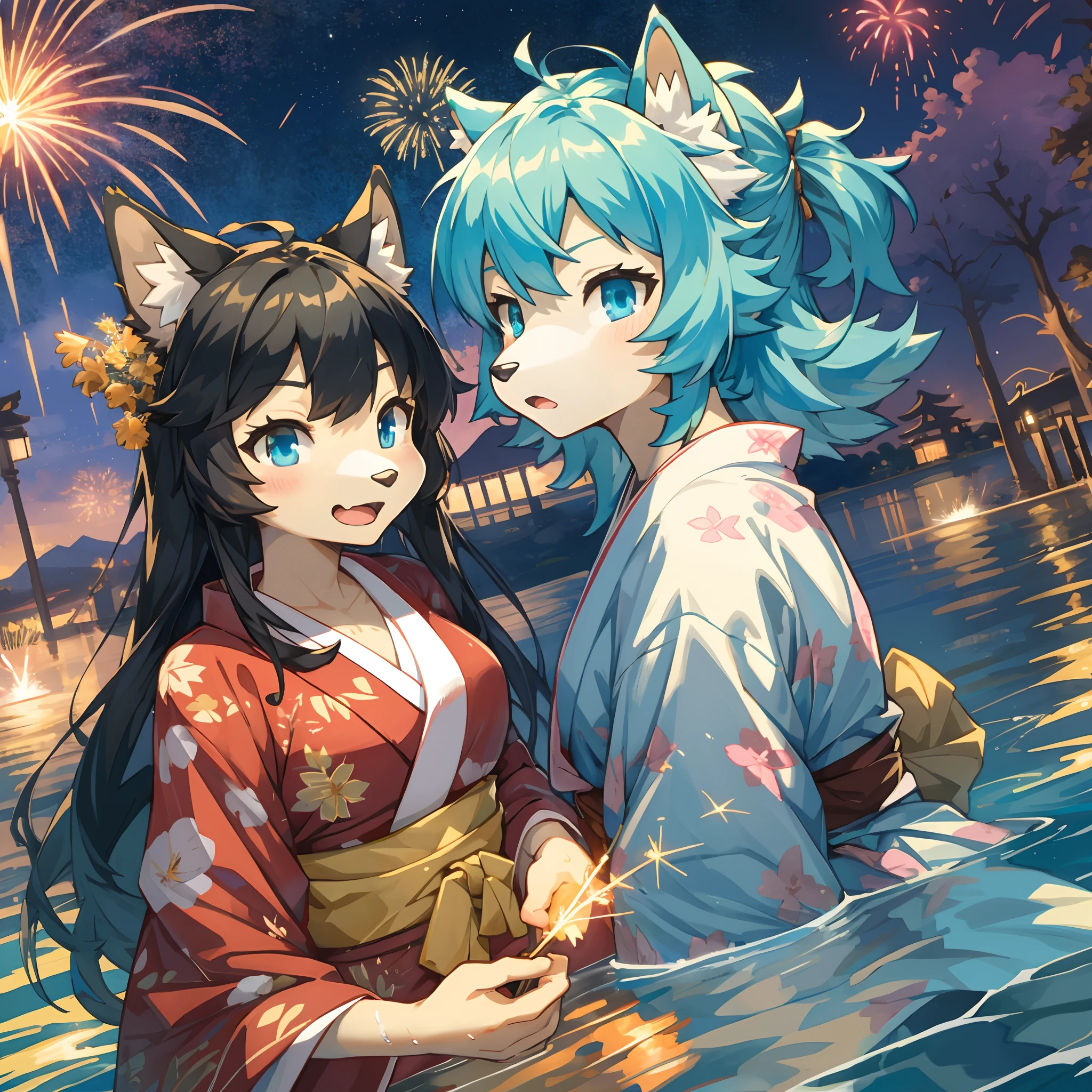 top quality, best quality, High-quality illustrations, masterpiece, super high resolution, detailed background, japanese yukata, nigh sky, sparklers, firework, lake, Water surface reflection, 6+boys, 6+girls, absurdres(highly detailed beautiful face and eyes)perfect ???????, expression, good lighting, cinematic shadow(kemono, furry anthro)assorted poses, dynamic angle,
