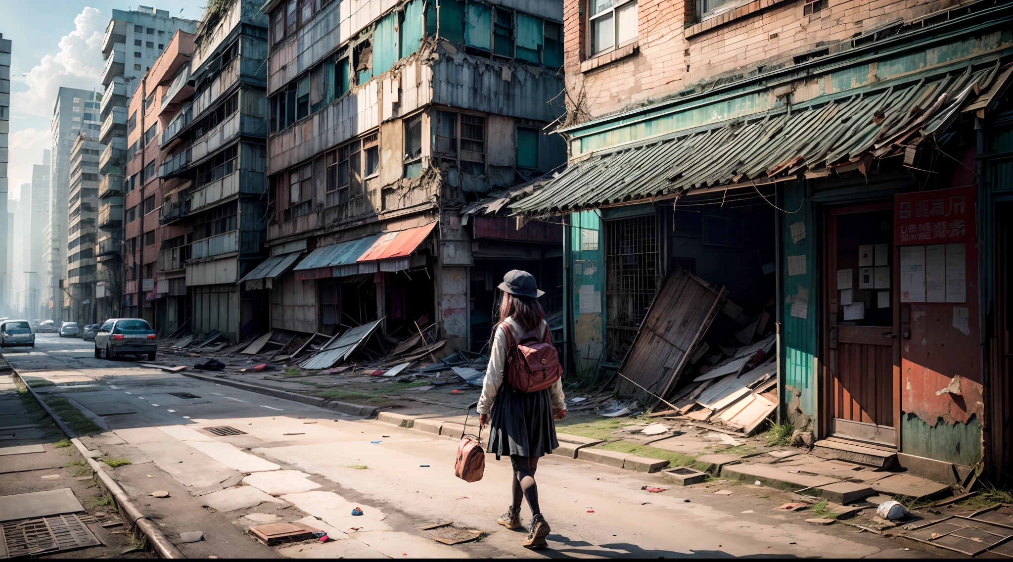 On the desolate streets of an abandoned city,A girl walks,Their presence flickers with life in a place forgotten by time。The city's once-bustling avenues are now silent,Their emptiness is exacerbated by crumbling buildings and overgrown vegetation。The broken windows gazed out like broken dreams,And rusty cars and debris bear witness to the gradual decay of the city。The girl's firm back
