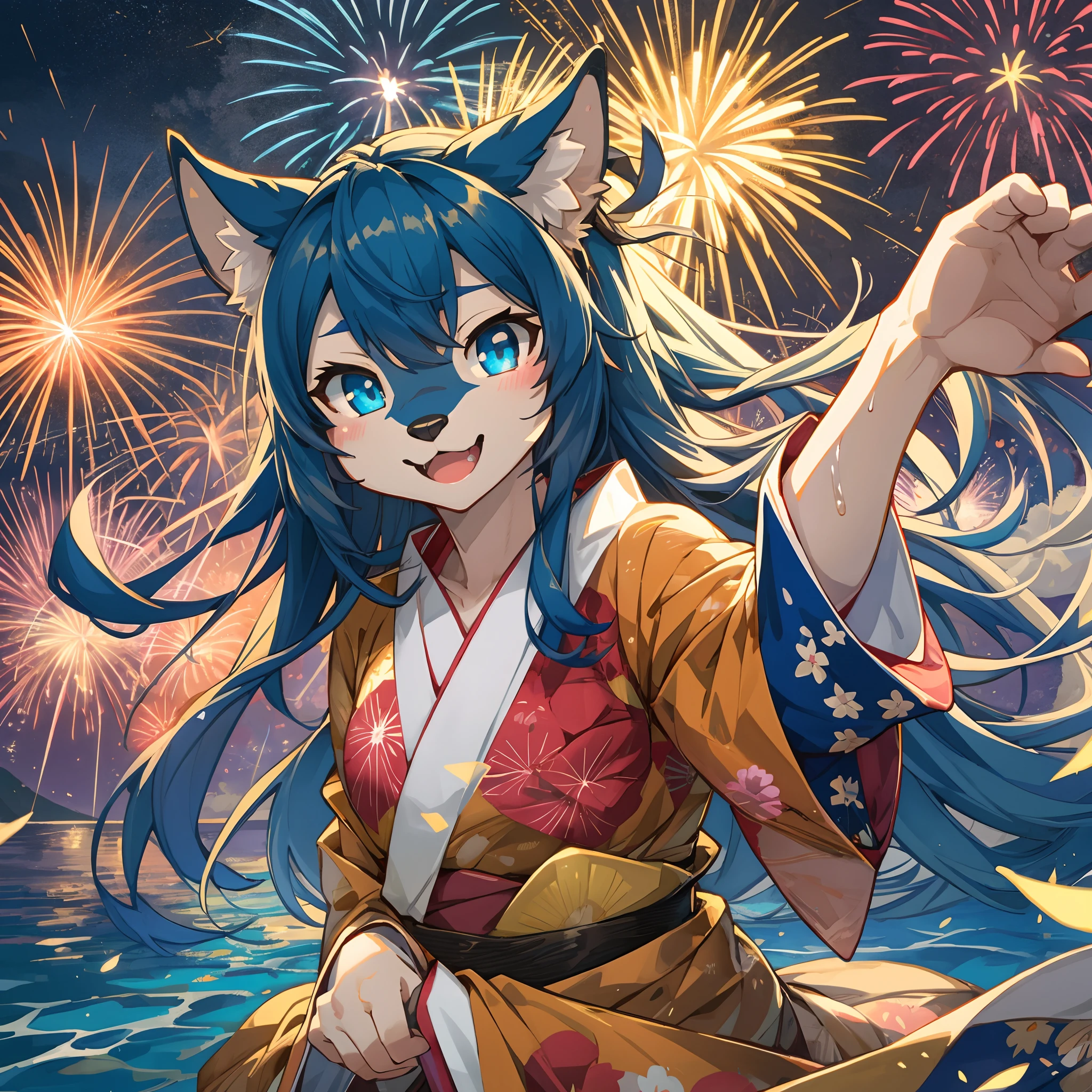 top quality, best quality, High-quality illustrations, masterpiece, super high resolution, detailed background, bathrobe, nigh sky, sparklers, lake, Water surface reflection, 6+boys, 6+girls, absurdres(highly detailed beautiful face and eyes)perfect anatomy, expression, good lighting, cinematic shadow(kemono, furry anthro)assorted poses, dynamic angle,
