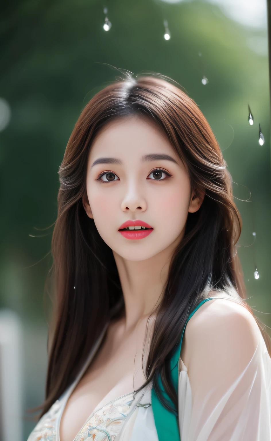 ((Best Quality, 8k, Masterpiece: 1.3)), Focus: 1.2, Perfect Body Beauty: 1.4, Buttocks: 1.2, ((Layered Haircut)), (Wet Clothes: 1.1), (Rain, Street:1.3), (Breasts: 1.2), (Hanfu: 1.2), Bare Shoulders, Bare Legs, Highly Detailed Face and Skin Texture, Fine Eyes, Double Eyelids, Whitened Skin, Long Hair, (Shut Up: 1.5), (Bokeh Background: 1.5), Big Breasts