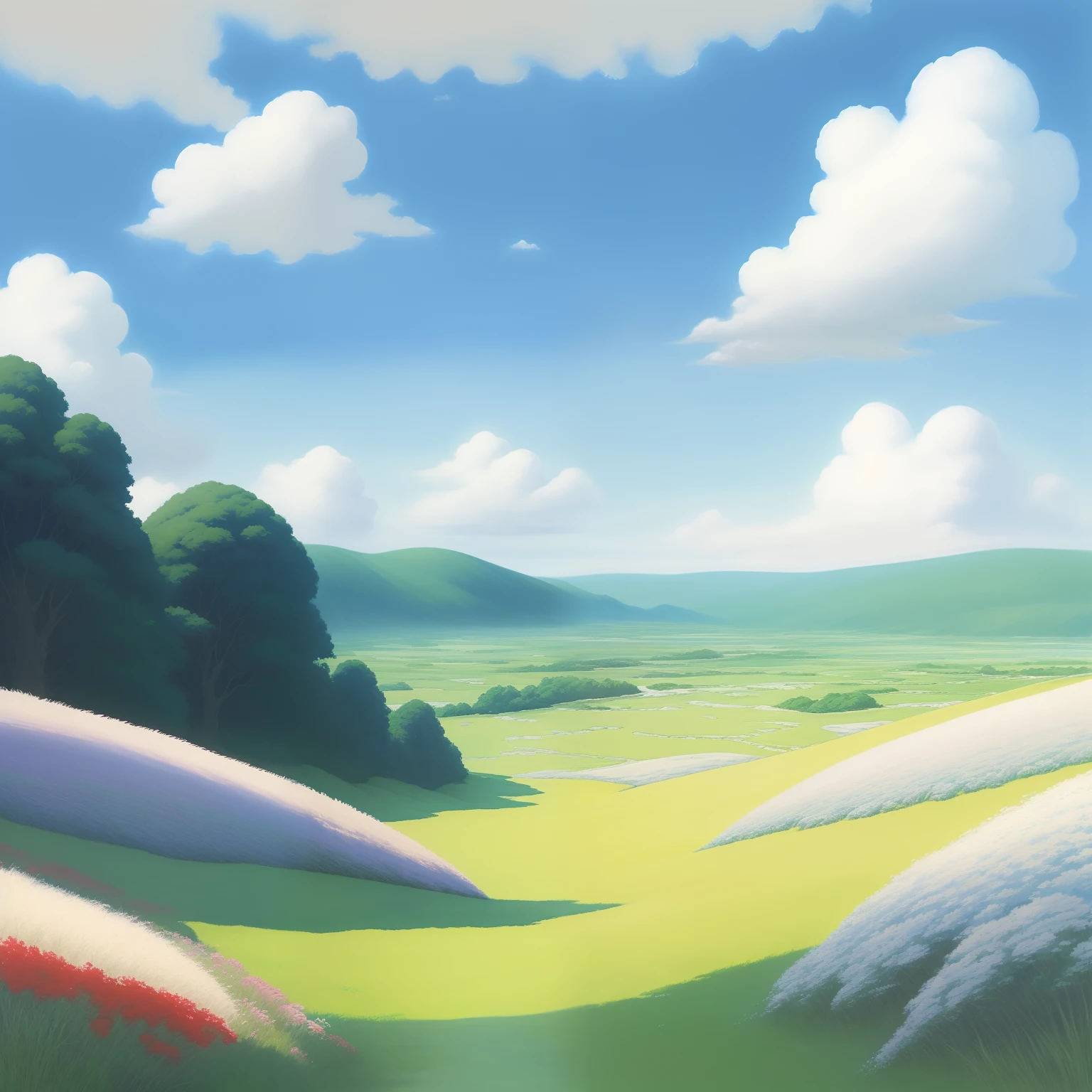 Realistic, authentic, beautiful and amazing landscape oil painting Studio Ghibli Hayao Miyazaki's petal grassland with blue sky and white clouds --v6