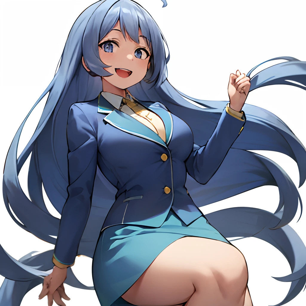 nejire hado, 1girl, solo, long hair, breasts, looking at viewer, smile, open mouth, bangs, blue eyes, simple background, white background, blue skirt suit, medium breasts, very long hair, blue hair, :d, blue blazer, blue pencil skirt,