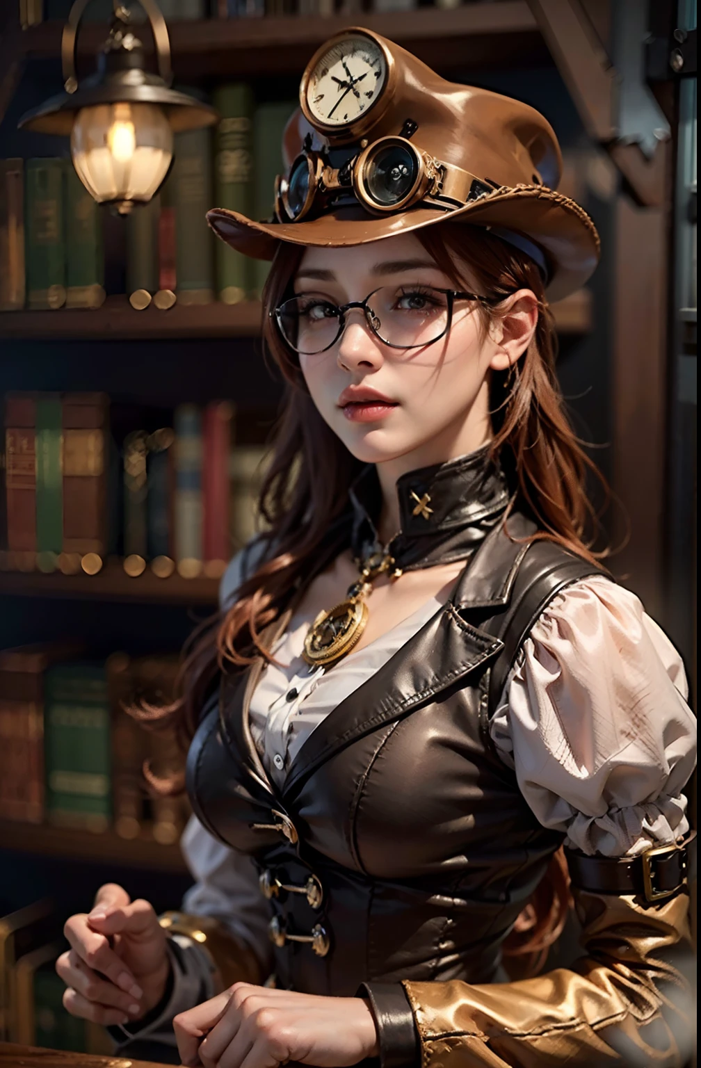 steampunk redhead person flair & twee, in the style of dark romantic, beautiful women, dark brown and light brown, historical themes, romanticized femininity, goblincore, dark brown and brown detailed outfit steampunk, transparent shirt, lewd librarian, hyperrealism, photorealistic, unreal engine, 3dcg, octane render, 8k highest resolution highly detailed