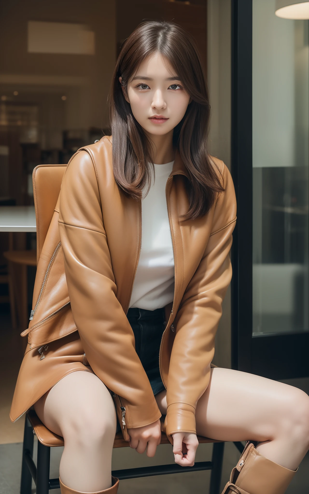 ((top-quality、8K、​masterpiece:1.3、超A high resolution))、(Clear focus:1.4)、BREAK、A Japanese Lady、a baby face、1 persons、full body Esbian、(Detailed chair、Sitting on a chair:1.2、Stainless steel table、Books on the table)、light skinned、((dark brown  hair))、Twin-tailed、(Leather jacket:1.2、Jet black jacket、Detailed fabrics、boots:1.3)、Super fine face、A detailed eye、Narrow-eyed、二重まぶた、Reddish cheeks、Detailed skin、Sweating、Lustrous skin、Shine skin、Shaded skin、Wearing makeup、ruddy lips、Large breasts、looking in camera、BREAK、(细致背景、细致背景、Stylish Italian shop:1.5)、natta、Natural lighting、springtime、dynamic ungle