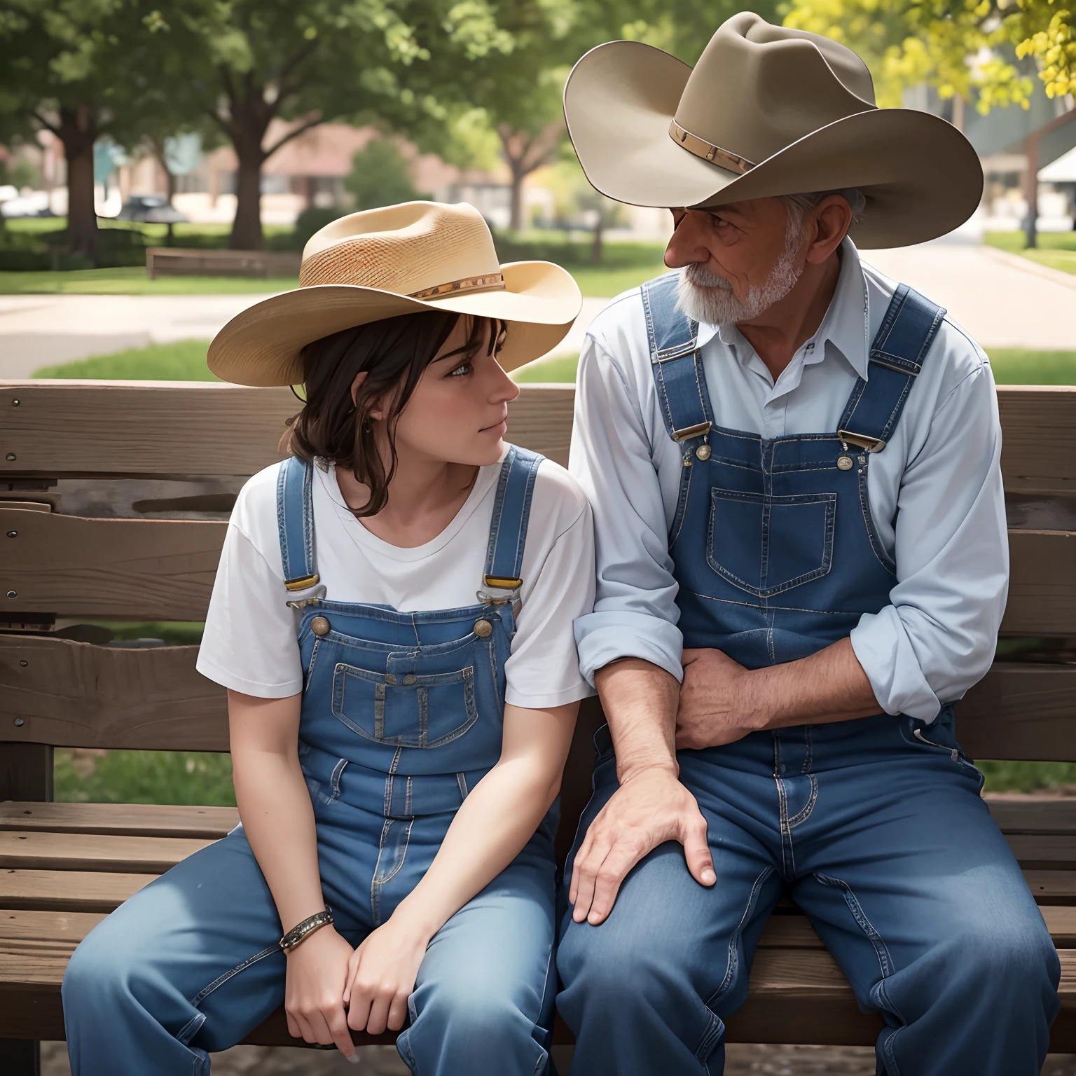 old man, overalls, cowboy hat, small country town square, sitting on park bench, grown up, garbage, beautiful lighting, detailed, afternoon sun