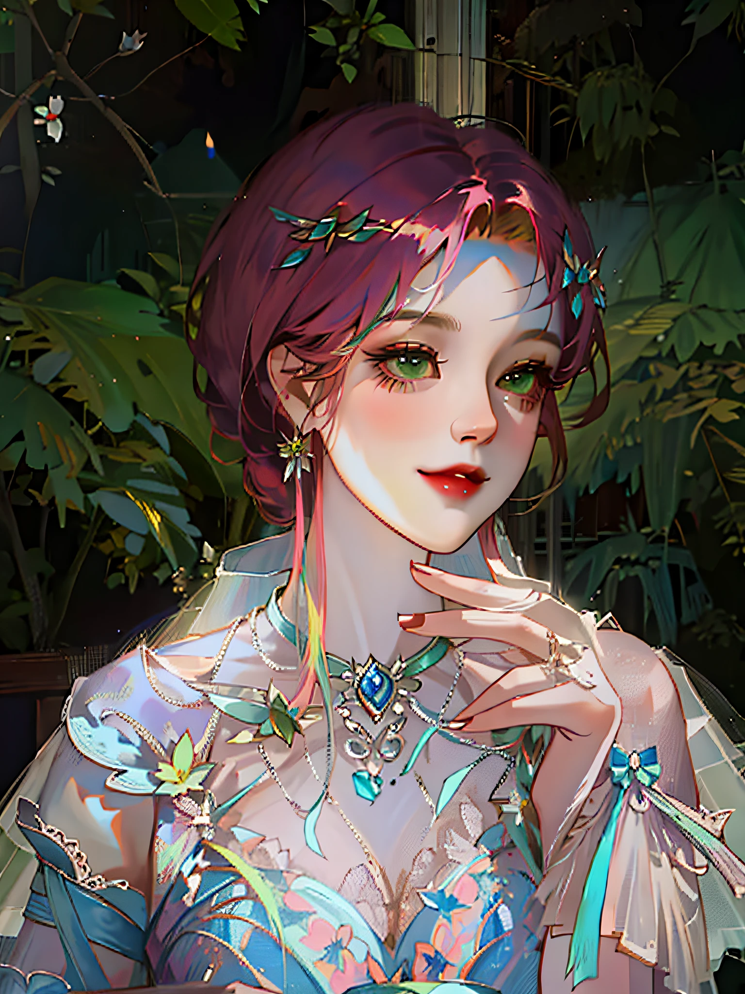 1girll, 22yo, (Skinny:1.1), Bride, Sexy, A plump chest, Smiling, (Dreamy green plant sleeveless dress (composed (plant))), V-neckline, multicolored hair, Rose crown, Too many details, Complex details, (Best quality, Masterpiece, 4K, hdr:1.1), (pastel colour:1.2), Dramatic, (rootkowski, art stations:0.8),Green hair,Vampire girl
Movie, cinematic ligh, (rays of sunshine:0.6), (Best shadow:0.7),
landscape, Mountains,