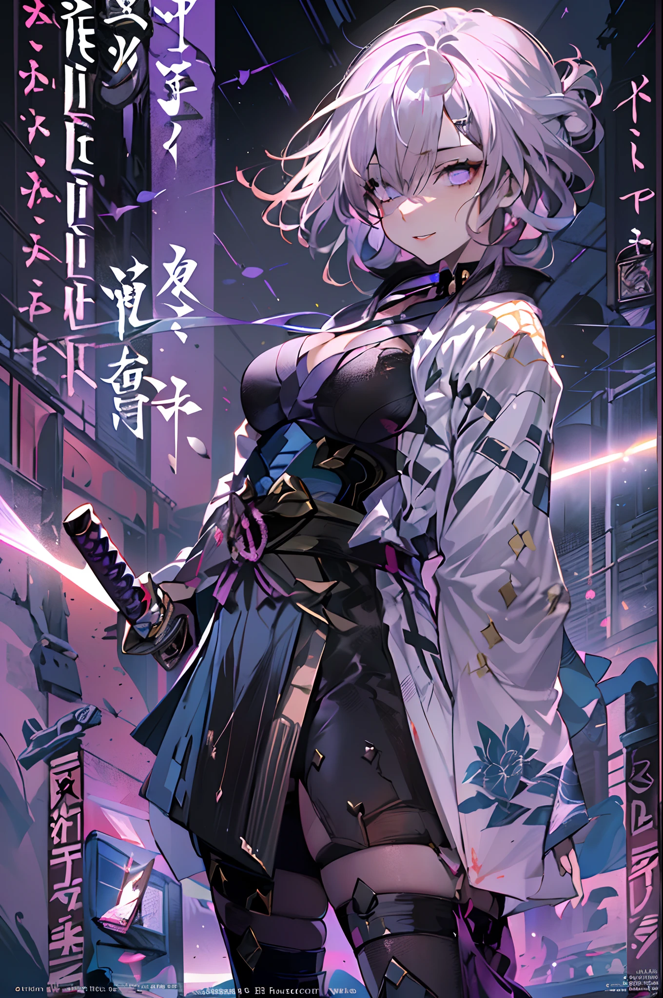 ((((dramatic))), (((gritty))), (((intense))) film poster featuring a young woman as the central character. She stands confidently in the center of the poster while carrying a Katana, wearing a stylish and techy short kimono, with a determined expression on her face with a smile. The background is dark and gritty future tokyo, with a sense of danger and intensity. The text is bold and attention-grabbing, with a catchy tagline that adds to the overall feeling of drama and excitement. The color palette is mainly black, white, blue with highlight of purple and a hint of green, giving the poster a dynamic and visually striking appearance, tachi-e (magazine:1.3), (cover-style:1.3), fashionable, woman, outfit, posing, front, dynamic, background, elements, confident, expression, holding, statement, cold, coiled, around, touch, scene, text, cover, bold, attention-grabbing, title, stylish, font, catchy, headline, larger, striking, modern, trendy, focus, fashion, japanese, japan, short-hair, white hair, glowing shining beautiful purple eyes, less text, ((add watermark text in the bottom right that read "Veni. Vidi. Vici")), thigh, cleavage, (((purple lens flare on left eye)))