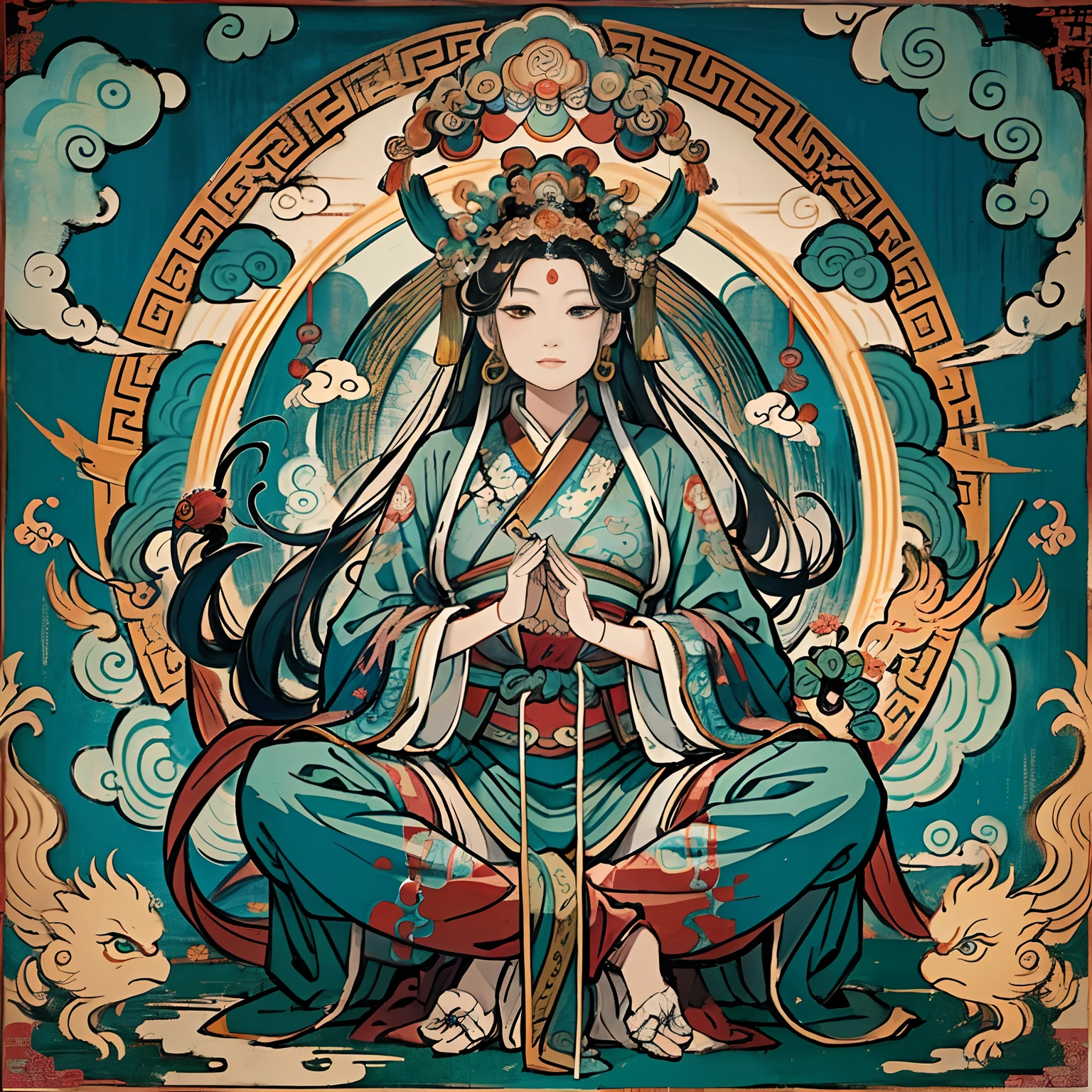 an ancient Chinese goddess, guanyin of the southern seas, Guanyin, Inspired by India, Avalokiteshvara rides a phoenix,,Serene expression,shui mo hua,Buddha,Buddhist,Lotus,Chinese painting style,Thangka style
