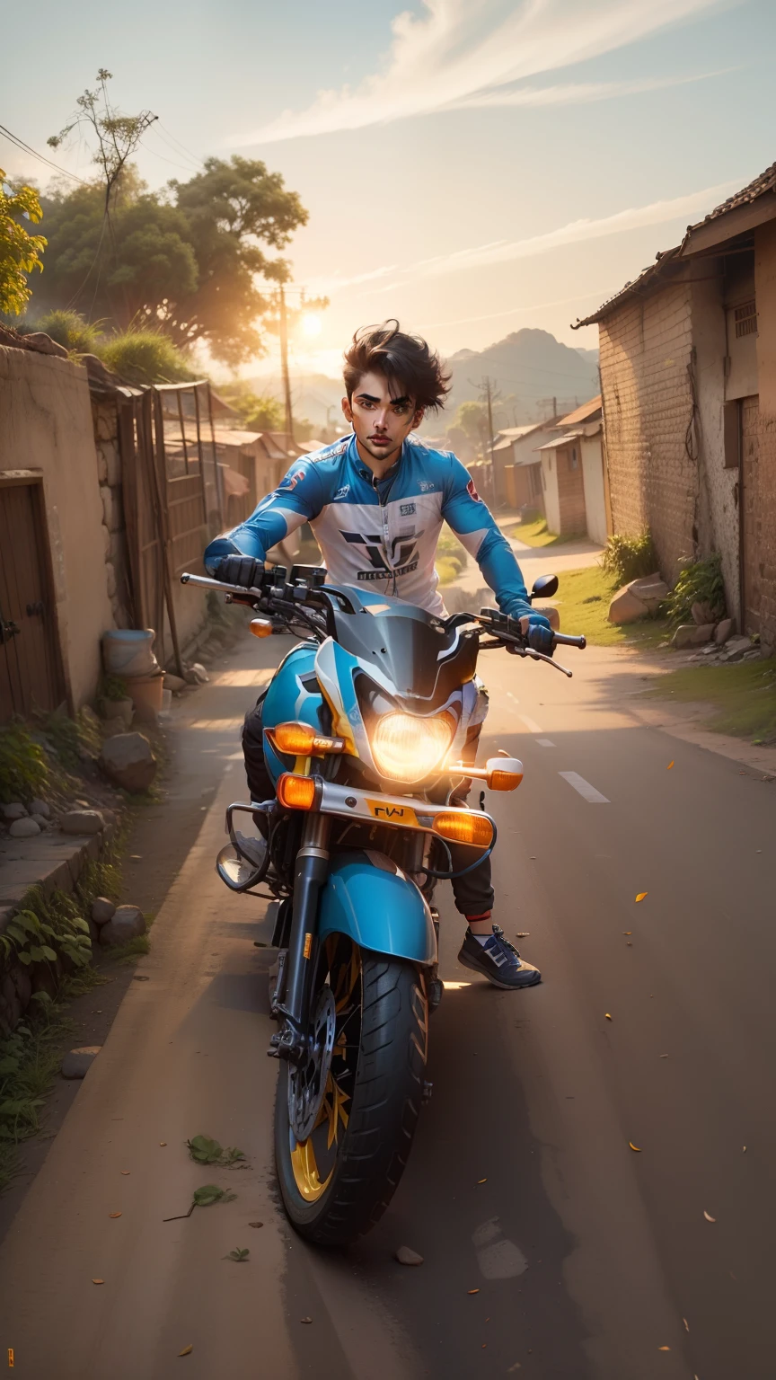 Is bike me baitha hua boy ka image best aaye aur bike ka bhi image bahut hi mast aaye best tarike se editing kar do jisme boy bhi best lage aur bike bhi aur pant shirt bhi aur background bhi sab thik aaye. aur boy ka hairstyles small ho. Aur ai image me iska background village ko hata kar racing road kar do. Aur bike best racing bike honi chahiye jiska price bahut jyada ho. Aur background me racing road ho na ki Village. Background racing road ho. Aur hairstyles chhota ho kafi bada na ho
