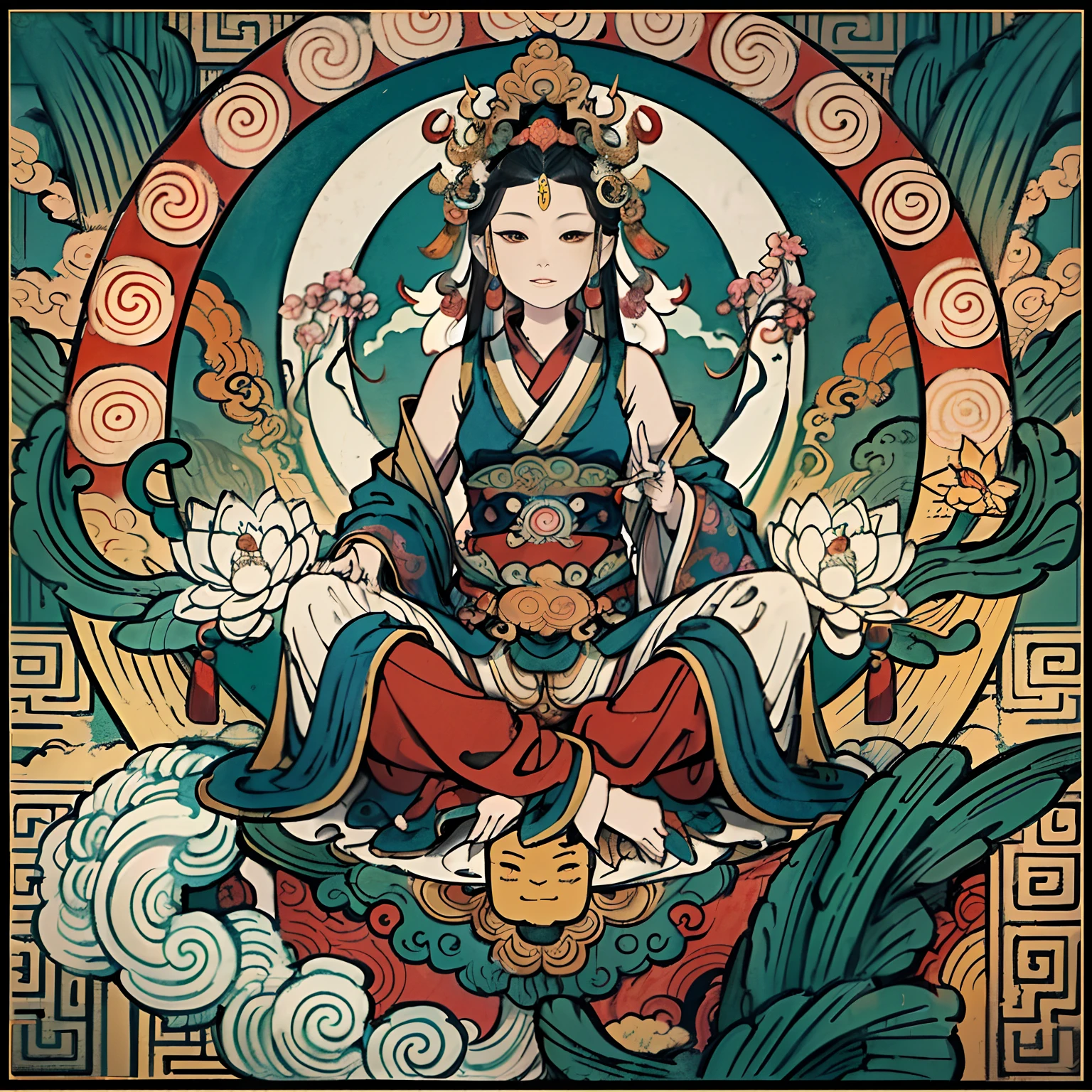 an ancient Chinese goddess, guanyin of the southern seas, Guanyin, Inspired by India, Avalokiteshvara rides a phoenix,,Serene expression,shui mo hua,Buddha,Buddhist,Lotus,Chinese painting style,Thangka style