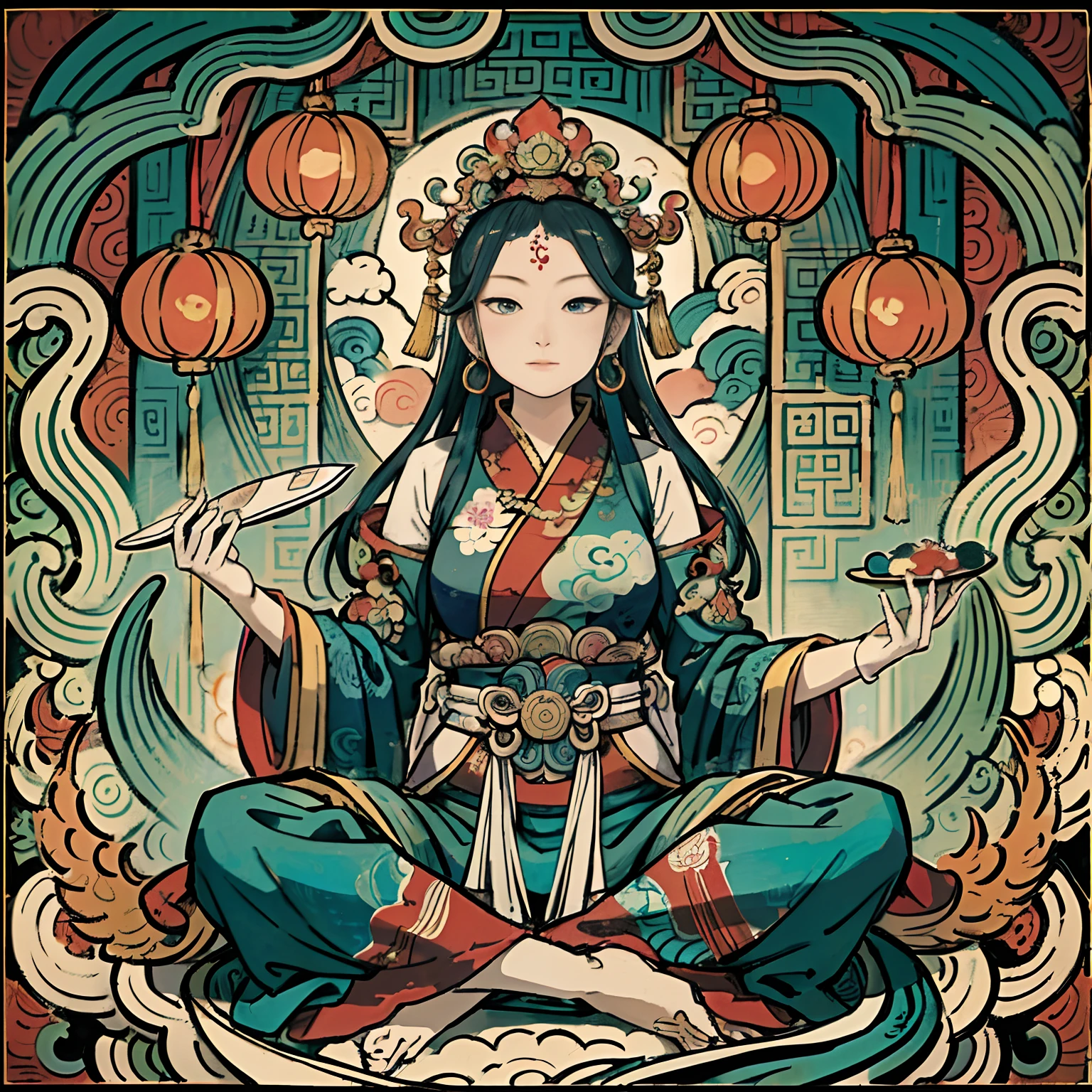 an ancient Chinese goddess, guanyin of the southern seas, Guanyin, Inspired by India, Avalokiteshvara rides a phoenix,,Serene expression,shui mo hua,Buddha,Buddhist,Lotus,Chinese painting style,Thangka style