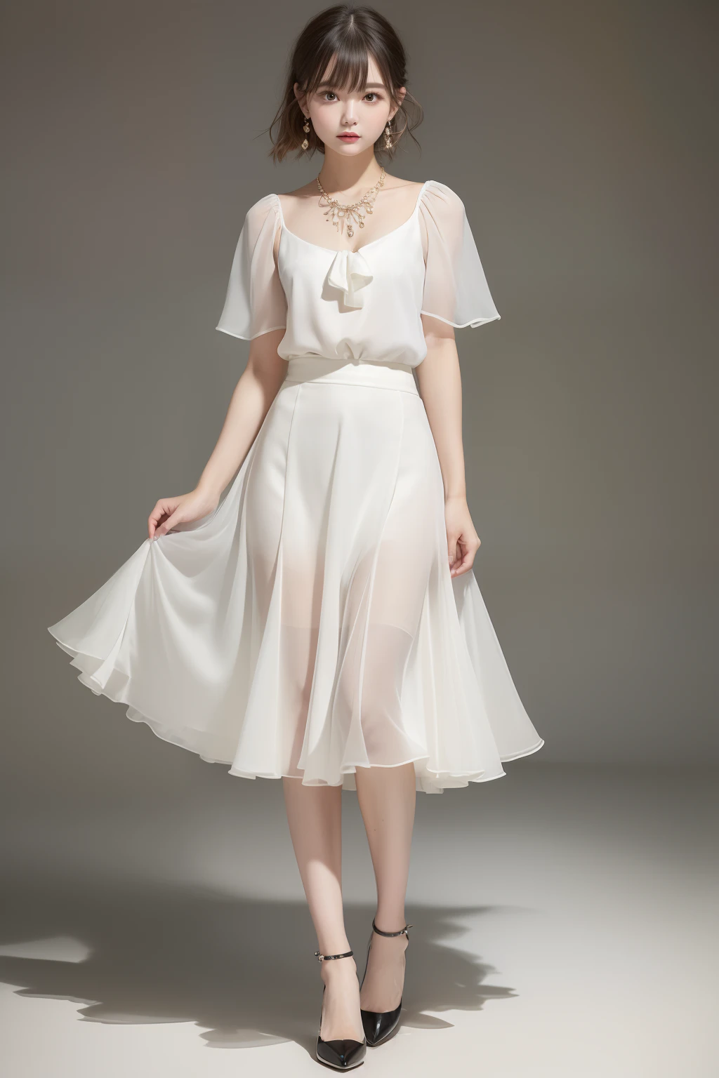 "Styles worn by girlish women in spring and summer in business scene。Facial Hair Design、It is a bright wave with bangs spreading to the side。Hairstyle silhouette short bob and natural wave。Hair color is honey blonde and bright impression。Hair styling is simple and girlish accents。Tops are ruffled blouses and bright colors。The bottoms are made of light material with a flared skirt。The shoes have a light design with pumps。Made from silk and chiffon。Accessories Pearl necklace and cute earrings。
"