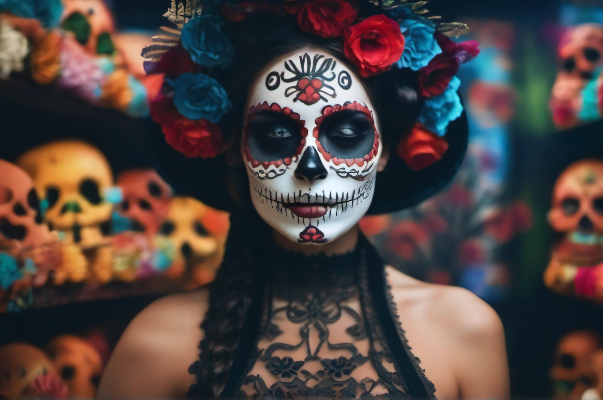 beautiful detailed eyes, beautiful detailed lips, extremely detailed eyes and face, ruby red irises, thick eyebrows, ((full length portrait)), girl with multi-color day of the dead makeup, (nude figure:1.4), dramatic lighting, dramatic pose, intricate headdress, vibrant colors, cinematic composition, digital painting, hyper detailed, artstation, award winning, ((nude masterpiece)), (wide angle:1.4), (wearing nothing but high heels:1.4), contrapposto stance, mid-stride strutting, whole body tattooed, body jewellery, accurate nipples, defined areola, rosy pink areola, (color orange:-1.3)