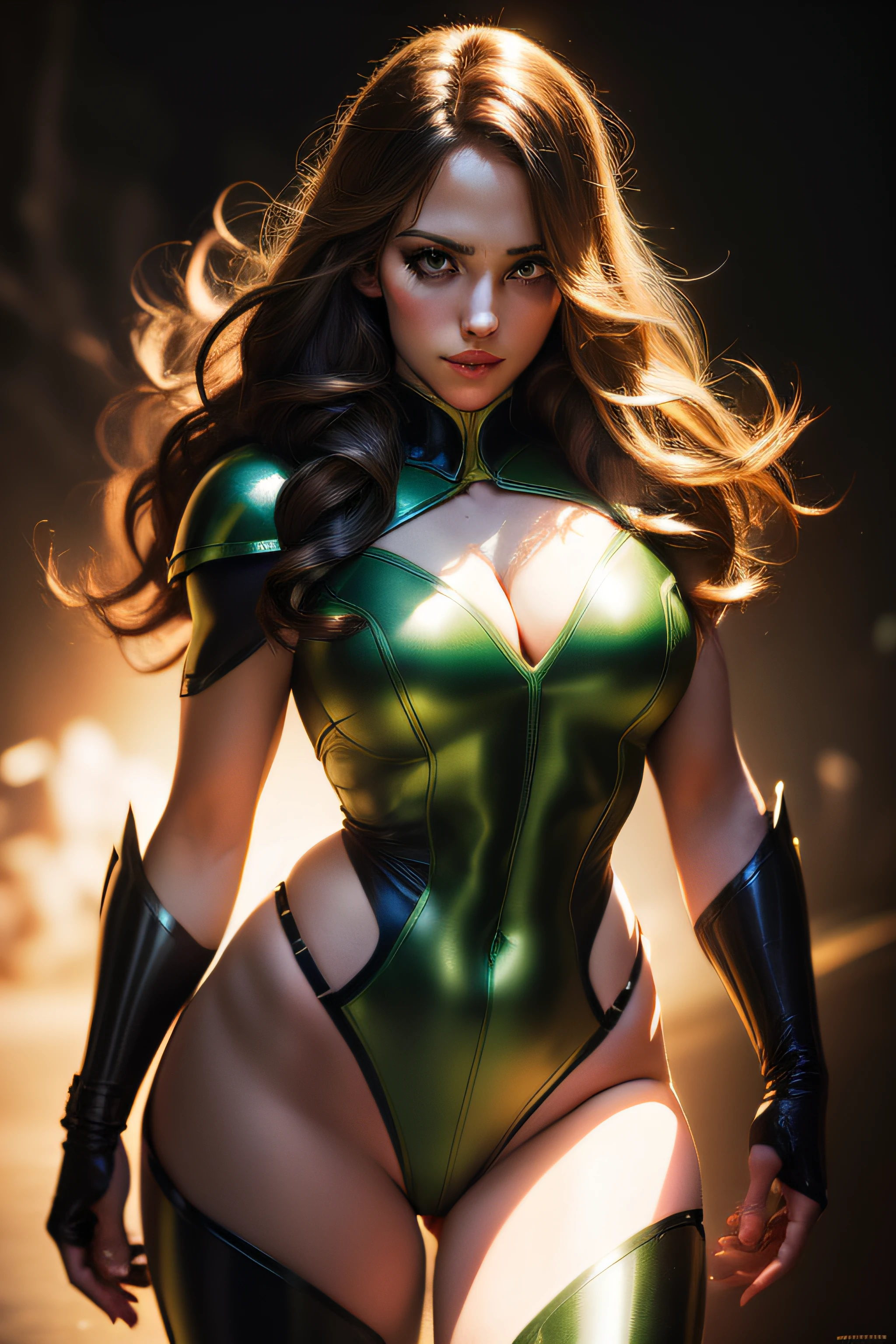 a beautiful superheroine, has brown hair, green eyes, green leotard with a black outer rim, the leotard has an opening on the chest area,. Red cape, red belt with a golden medal in the center, wears high knee boots that are black on the top and green on the bottom portrait photography by artgerm, in the style of realism, glistening skin, cartooncore, mangacore, natural lighting, Defined full lips. Muscular fitness feminine body