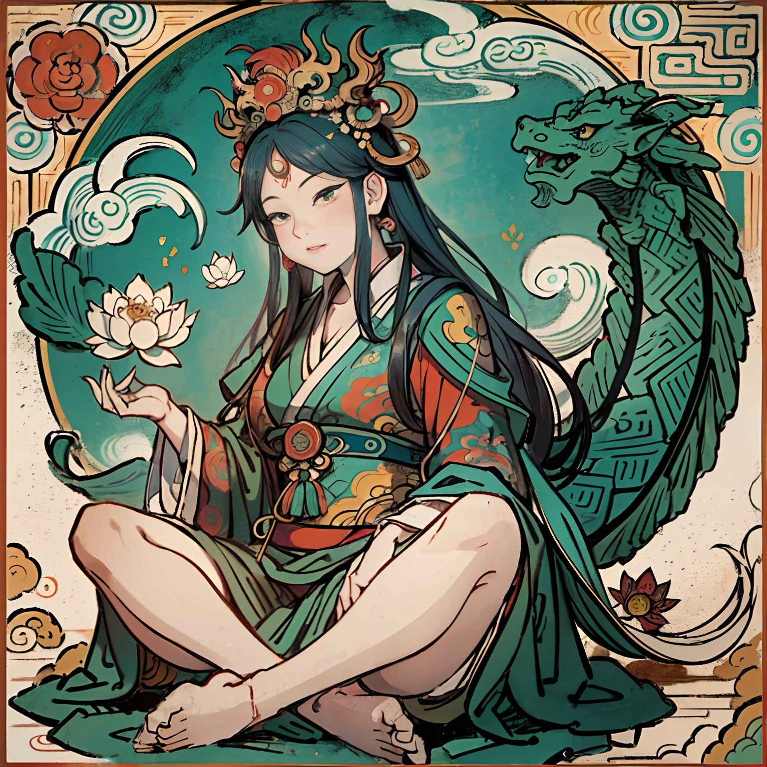 an ancient Chinese goddess, guanyin of the southern seas, Guanyin, Inspired by India, Avalokiteshvara rides a dragon,,Serene expression,shui mo hua,Buddha,Buddhist,Lotus,Chinese painting style,Thangka style