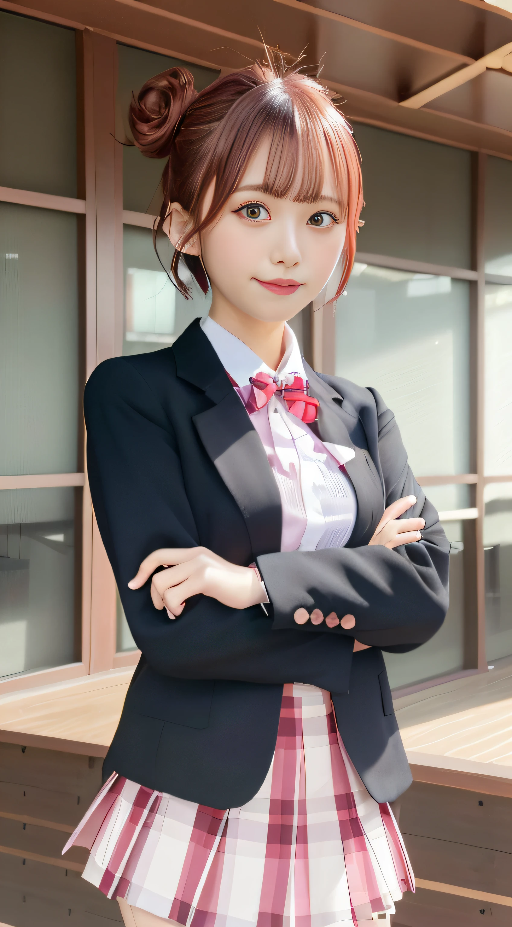 masutepiece, High quality, Best Quality, High resolution, 4K, High Definition, Beautiful lighting,1girl in, Short hair, Pink hair, Pink eyes, Yui, Hair bun,sobu highschool uniform, Black Blazer, White shirt, red ribbon plaid skirt、japanes、red blush、embarrassed、(kawaii:1.4)、a picture、A smile
