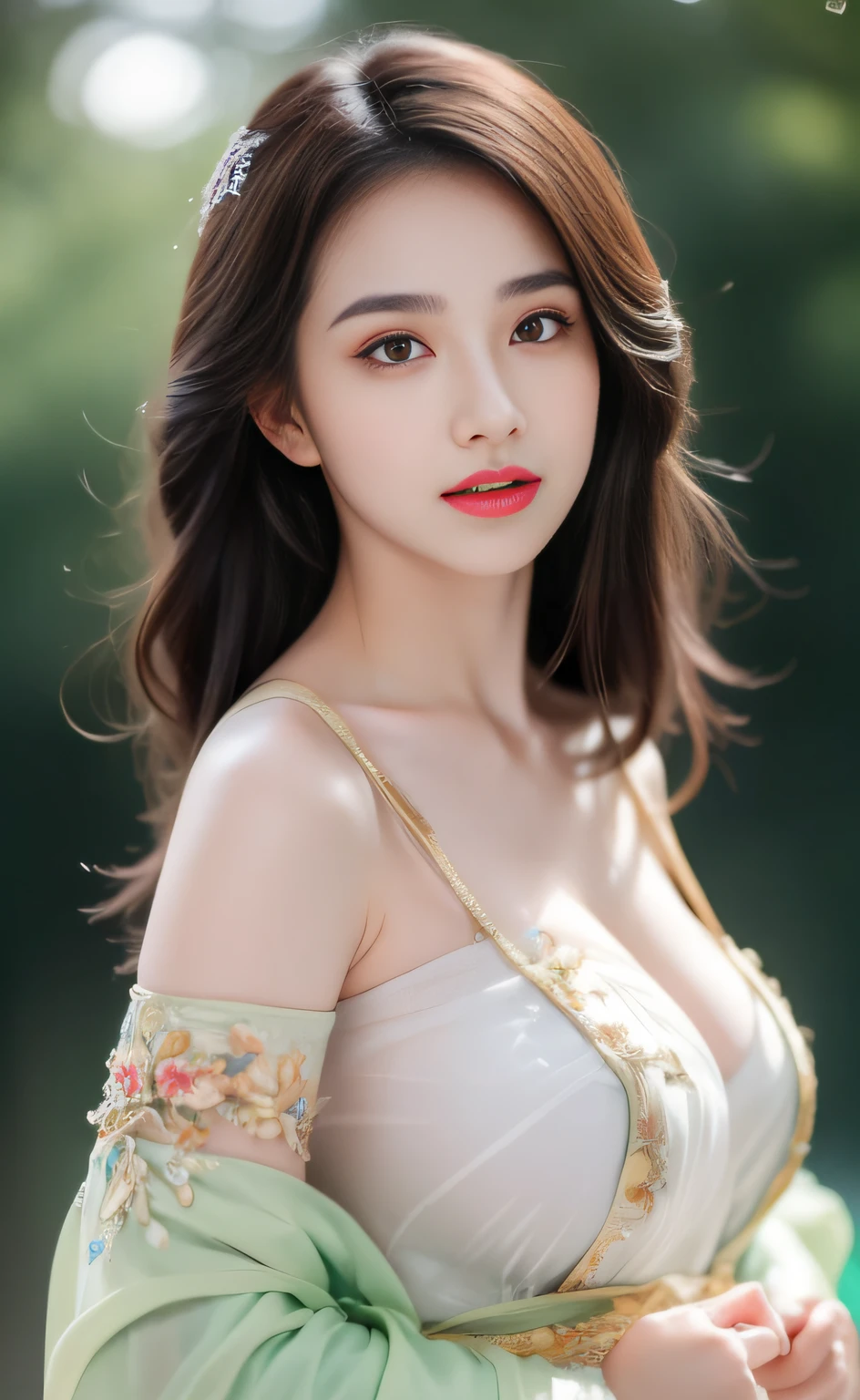 ((Best Quality, 8k, Masterpiece: 1.3)), Focus: 1.2, Perfect Body Beauty: 1.4, Buttocks: 1.2, ((Layered Haircut)), (Wet Clothes: 1.1), (Rain, Street:1.3), (Breasts: 1.2), (Hanfu: 1.2), Bare Shoulders, Bare Legs, Highly Detailed Face and Skin Texture, Fine Eyes, Double Eyelids, Whitened Skin, Long Hair, (Shut Up: 1.5), (Bokeh Background: 1.5), Big Breasts