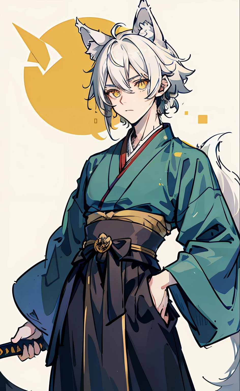 Beast Ear Shota,quadratic element,Wolf ears wolf tail,adolable,Golden pupils,wearing a hanfu,With a katana on his waist,White hair