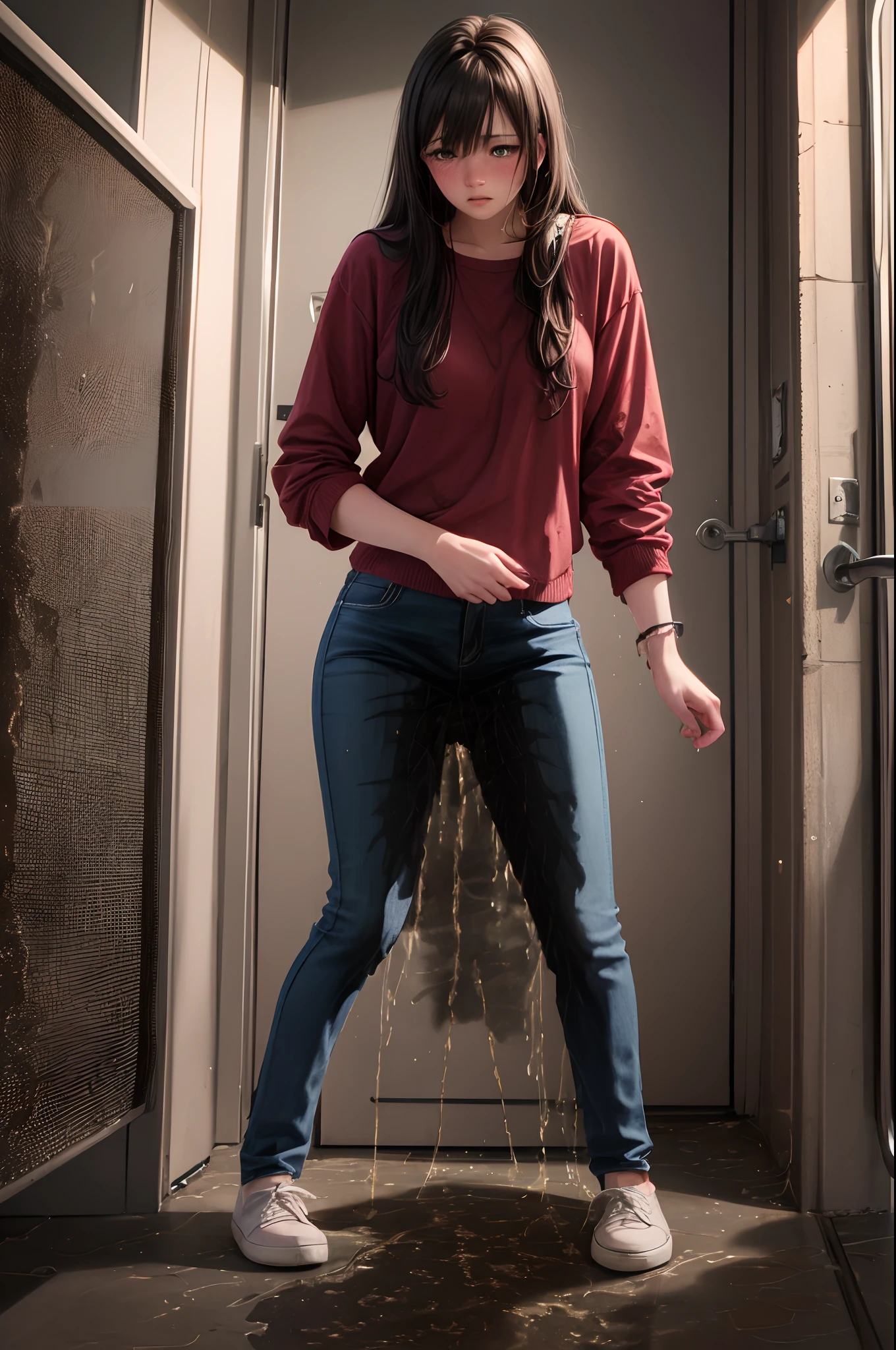 best quality, masterpiece, highres, realistic, 8k, soft lighting, cinematic lighting, (3girls), 20 years old, blue jeans pants, (full body), blush, worried, ((((((pee stain))))))