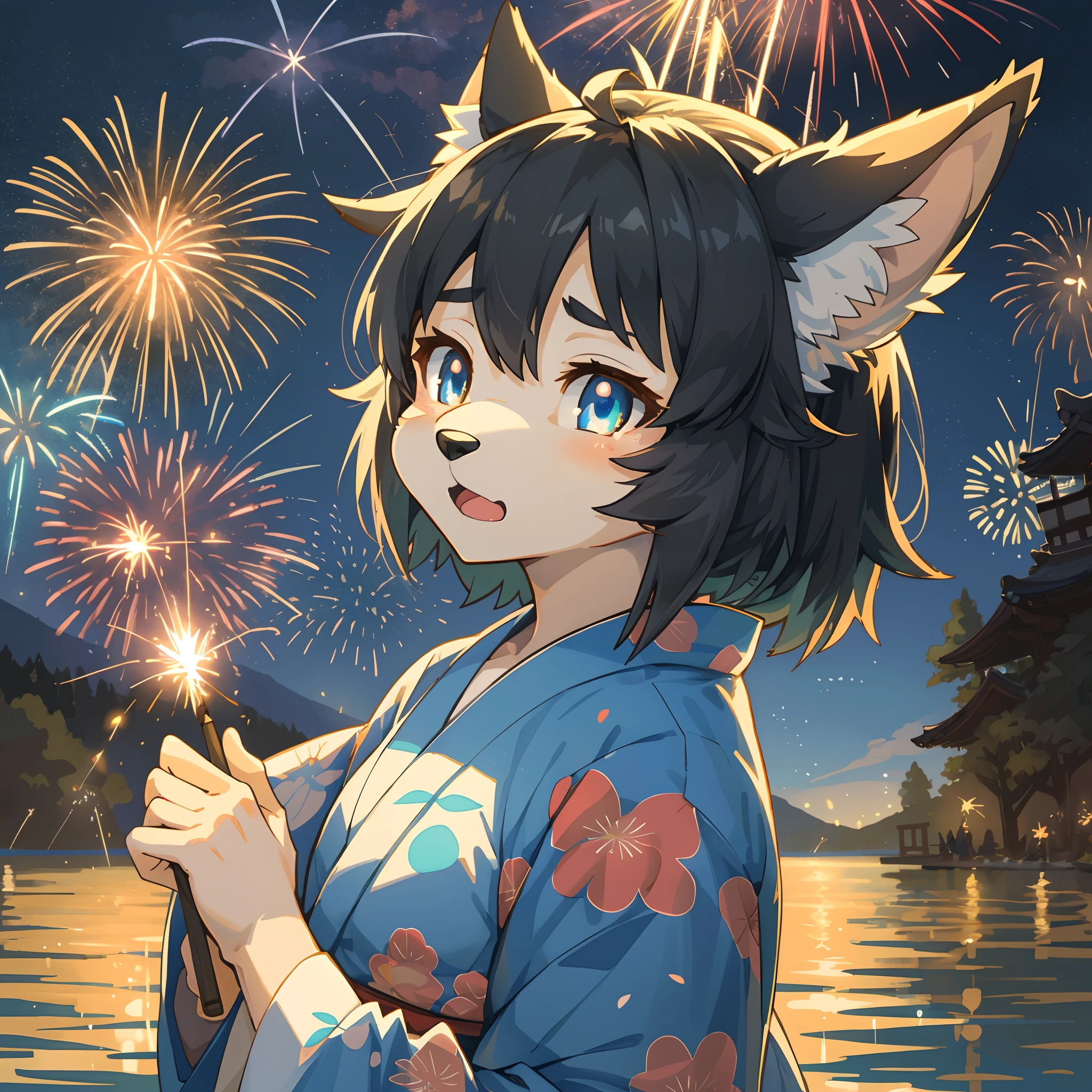 top quality, best quality, High-quality illustrations, masterpiece, super high resolution, detailed background, japanese yukata, nigh sky, sparklers, firework, lake, 6+boys, 6+girls, absurdres(highly detailed beautiful face and eyes)perfect anatomy, expression, good lighting, cinematic shadow(kemono, furry anthro)assorted poses, dynamic angle,