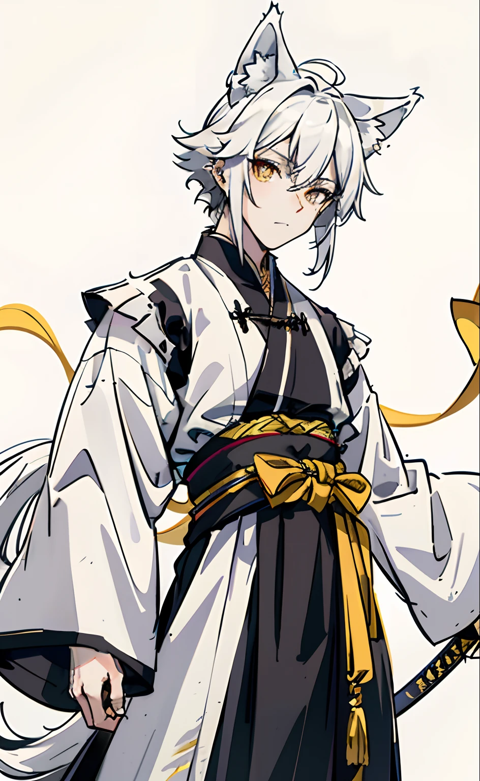 Beast Ear Shota，quadratic element，Wolf ears wolf tail，adolable，Golden pupils，wearing a hanfu，In the middle of the waist hangs a katana，White hair。