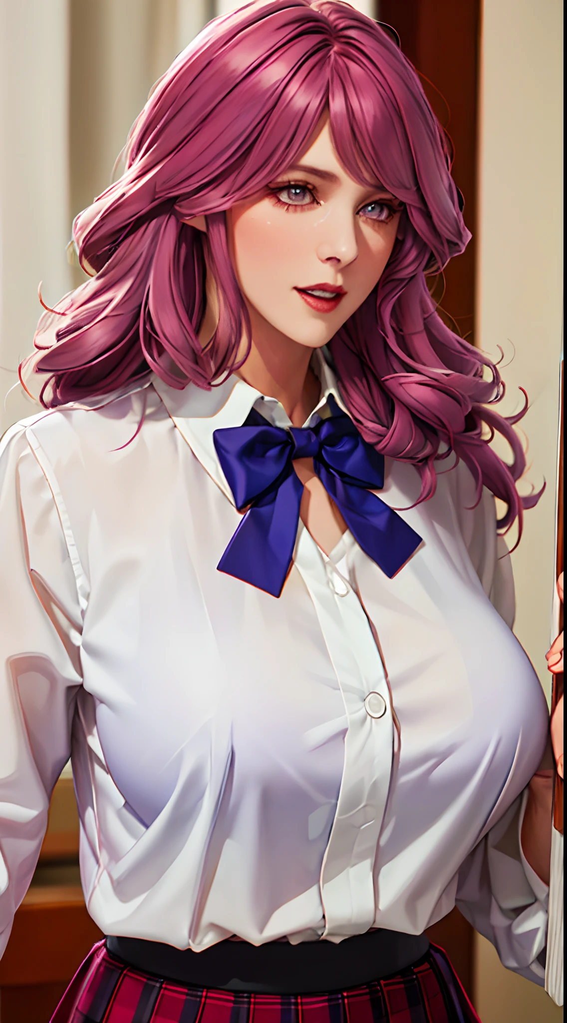Inverted_Nipples,((Masterpiece)),A high resolution, highlydetailed skin, insanely details, absurderes, ((Best quality)),tmasterpiece,top-quality,best qualityer, (((Long hair,Purple colored hair, Purple eyes, Makeup, Huge breasts,Breast bumps,Exquisite facial features,There is light in the eyes,laughingly,self-assured,Purple plaid skirt,Purple pleated miniskirt,White color blouse,Purple bow tie,Close-up half-length photo)))