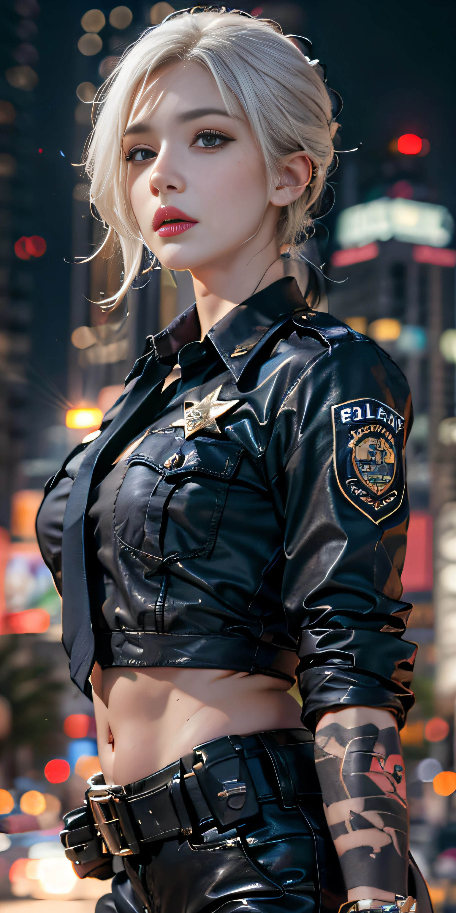 Photorealistic, high resolution, Soft light,1womanl, Solo, Hips up, (Detailed face),tattoo, jewelry, Night City, Police uniform, White hair