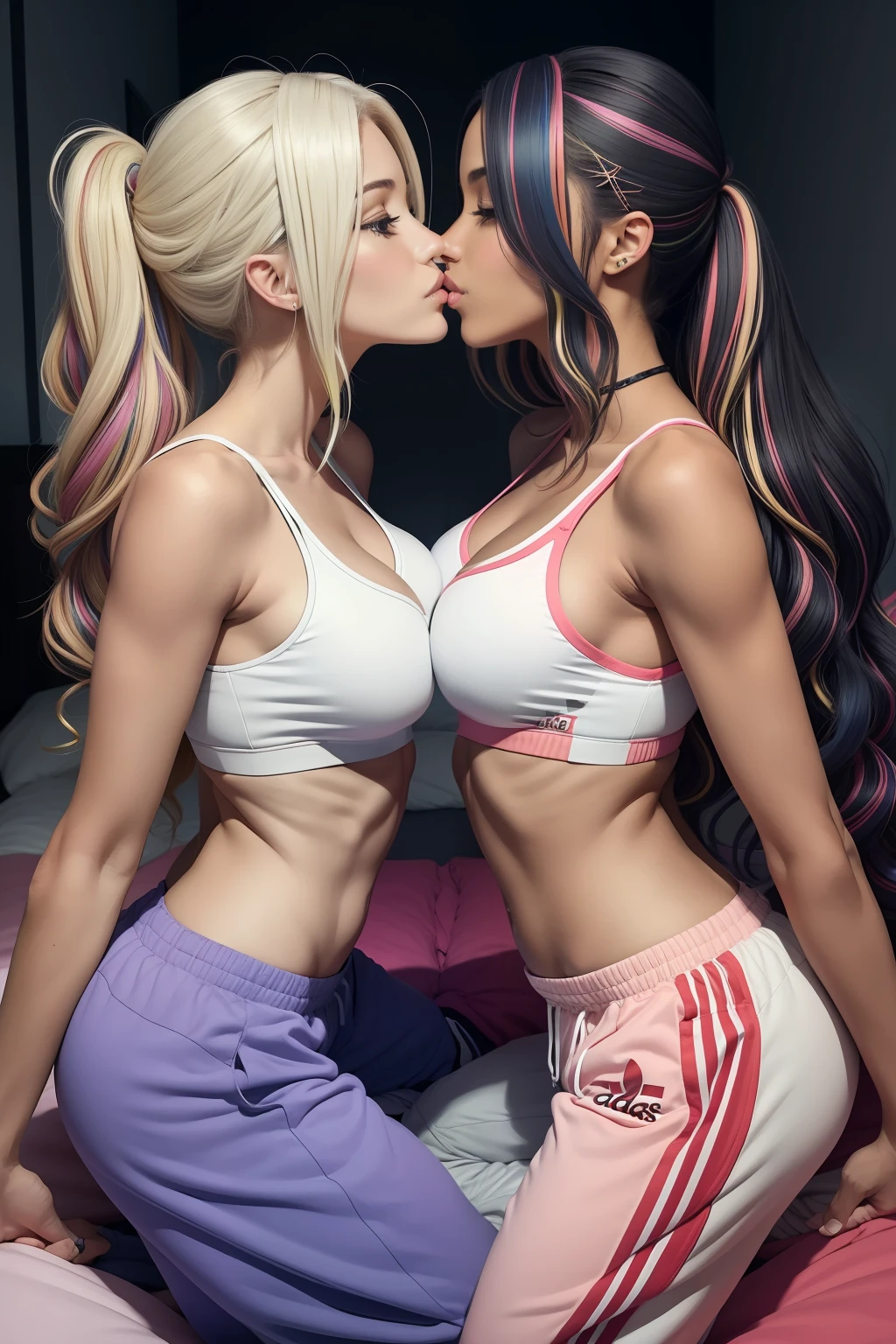 Two women kissing and lying in bed wearing Adidas Baggy pants, cabelos multicoloridos, olhos multicoloridos, anatomia correta, preciso, Super Detalhe, melhor qualidade, pele texturizada, retina correta, Eye correction, beijo realista, corpo inteiro, estilo anime