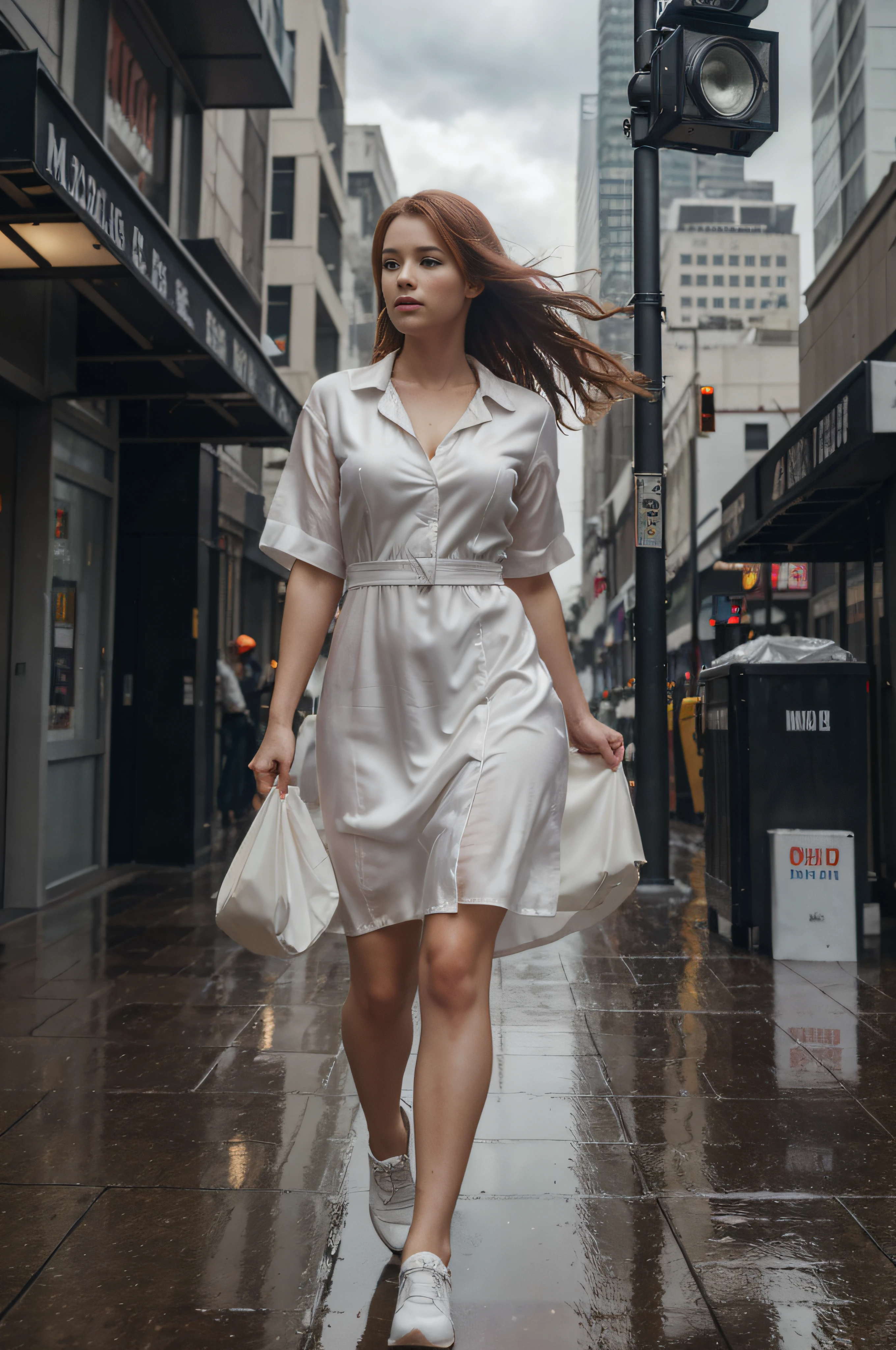 a woman in a white silk dress is (walking) down the street, cloudy and rainy weather, delivering packages and boxes, escape from New York, military girl, soaring above a dense city, workers revolution, poster, surveillance, print, (waitress) girl, young redhead girl in motion, people run on the street, (8k, RAW photo, best quality, masterpiece:1.2), ultra high res, photorealistic:1.4), Cinematic Light, (soft volumetric lighting:1.2), (realistic, photo-realistic:1.37), detailed skin, professional lighting, Photography, Sharp focus, detailed, professional lighting, photon mapping, detailed and intricate environment, highly detailed,best quality, 8k artistic photography, photorealistic concept art, soft natural volumetric cinematic perfect light, MIDJOURNEY, 3DMDT, (cloudy and rainy weather), [cloudy and rainy weather]