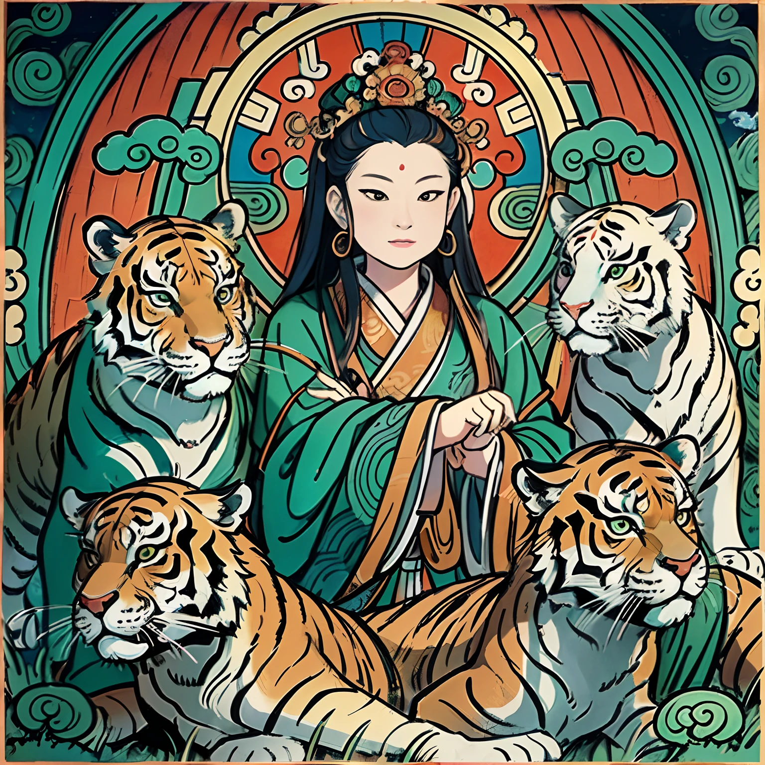 an ancient Chinese goddess, guanyin of the southern seas, Guanyin, Inspired by India, Avalokiteshvara rides a tiger,,Serene expression,shui mo hua,Buddha,Buddhist,Lotus,Chinese painting style,Thangka style