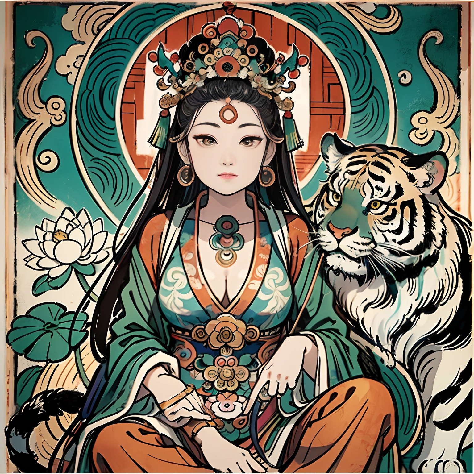 an ancient Chinese goddess, guanyin of the southern seas, Guanyin, Inspired by India, Avalokiteshvara rides a tiger,,Serene expression,shui mo hua,Buddha,Buddhist,Lotus,Chinese painting style,Thangka style
