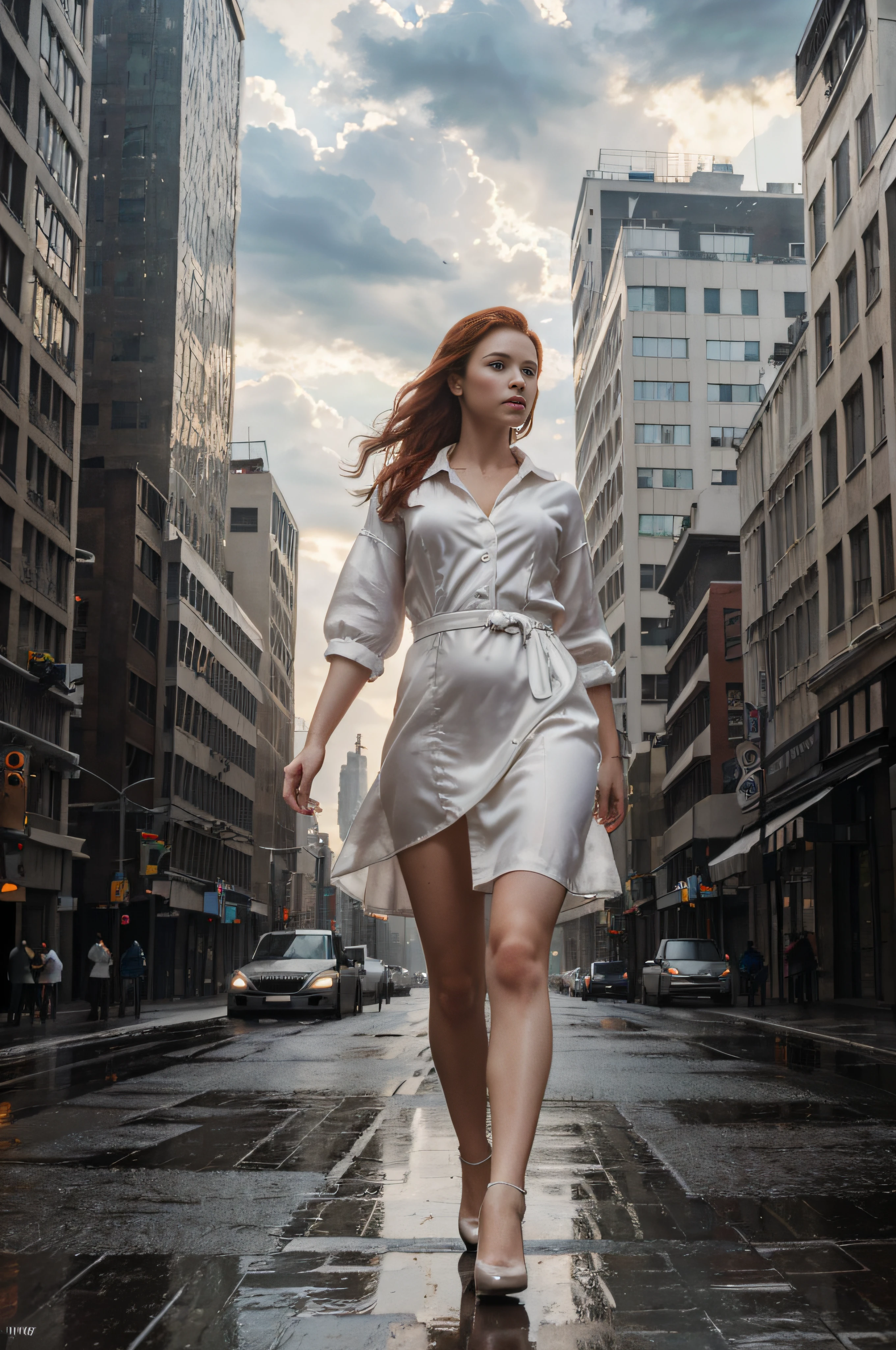 a woman in a white silk dress is (walking) down the street, cloudy and rainy weather, delivering packages and boxes, escape from New York, military girl, soaring above a dense city, workers revolution, poster, surveillance, print, (waitress) girl, young redhead girl in motion, people run on the street, (8k, RAW photo, best quality, masterpiece:1.2), ultra high res, photorealistic:1.4), Cinematic Light, (soft volumetric lighting:1.2), (realistic, photo-realistic:1.37), detailed skin, professional lighting, Photography, Sharp focus, detailed, professional lighting, photon mapping, detailed and intricate environment, highly detailed,best quality, 8k artistic photography, photorealistic concept art, soft natural volumetric cinematic perfect light, MIDJOURNEY, 3DMDT, (cloudy and rainy weather), [cloudy and rainy weather]