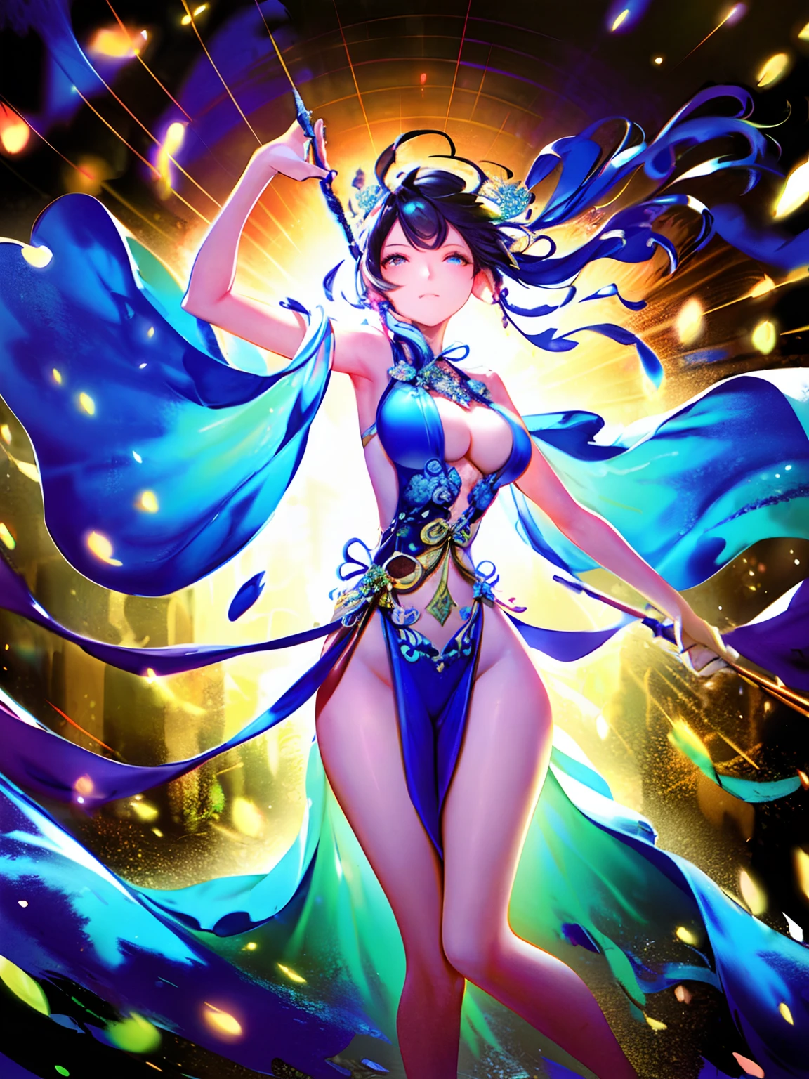 Dunhuang style, Dancing in the sky, Ancient Chinese beauties, silk Hanfu, Tulle ribbon, graceful dance movements, ink painting style, clean colors, decisive cutting, white space, freehand brushwork, Soft Lighting,Dreamy Glow, ( Bokeh),masterpiece, super detailed, epic composition, highest quality, 4k,