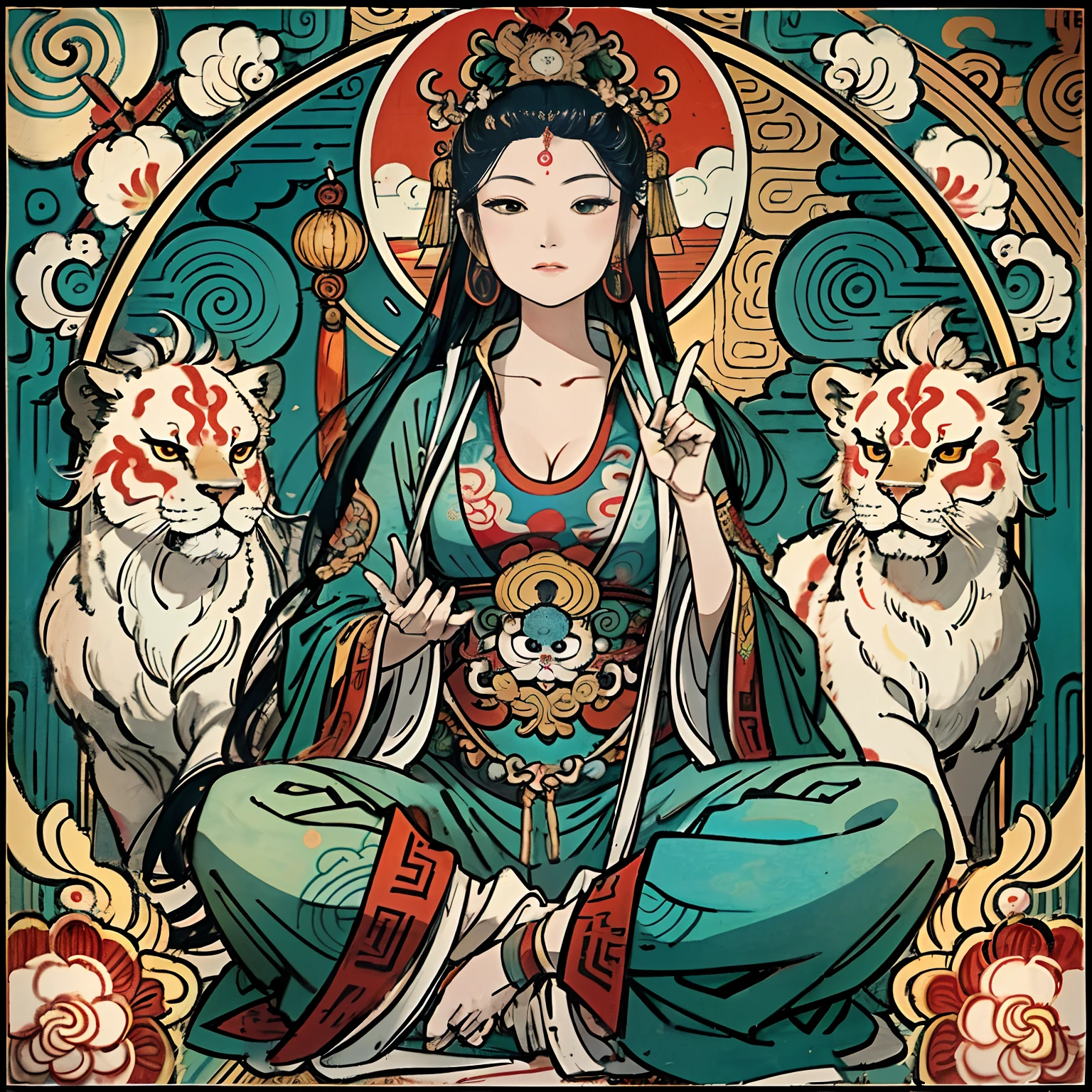 an ancient Chinese goddess, guanyin of the southern seas, Guanyin, Inspired by India, Avalokiteshvara rides a lion,,Serene expression,shui mo hua,Buddha,Buddhist,Lotus,Chinese painting style,Thangka style