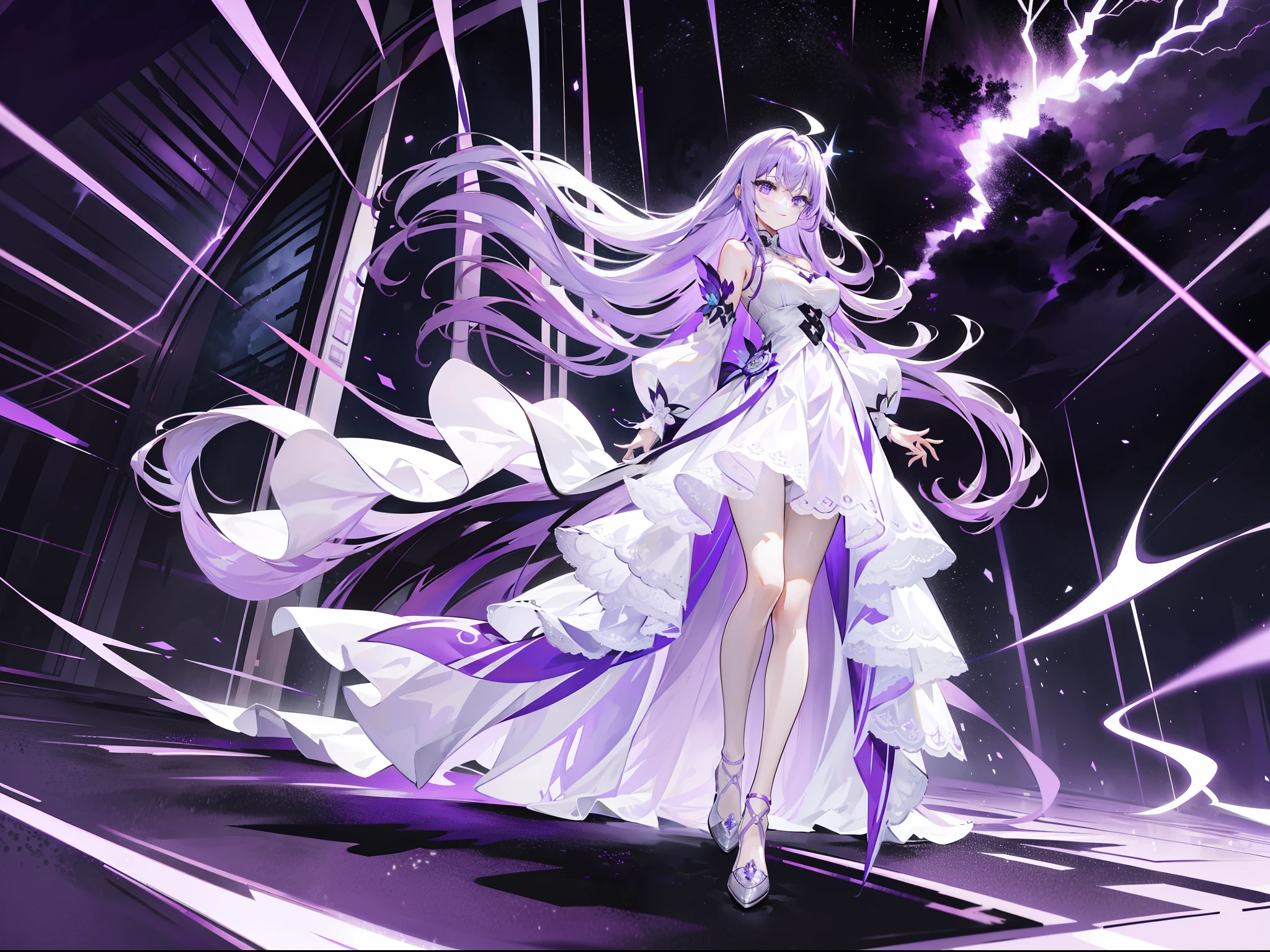Purple-haired beautiful girl,Wearing a purple and white dress long dress,with hair dishevelled,Hair is messy,white stockings,black heels,Purple lightning burst out of his body,The entire sky was covered with purple lightning in his hand,With a sinister smile,Standing in a purple sky with lightning and thunder,Purple lightning wraps around the whole body