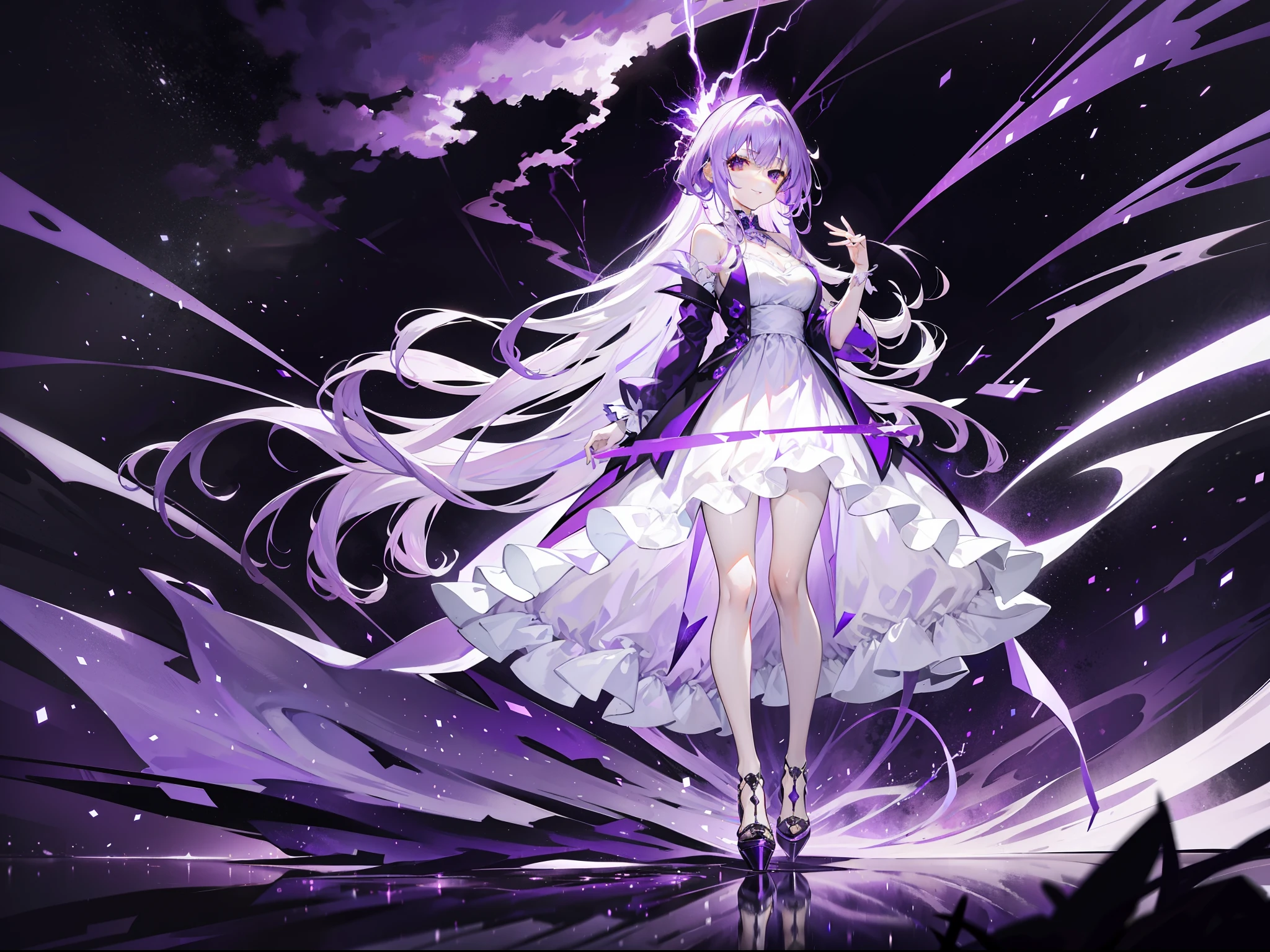 Purple-haired beautiful girl,Wearing a purple and white dress long dress,with hair dishevelled,Hair is messy,white stockings,black heels,Purple lightning burst out of his body,The entire sky was covered with purple lightning in his hand,With a sinister smile,Standing in a purple sky with lightning and thunder,Purple lightning wraps around the whole body
