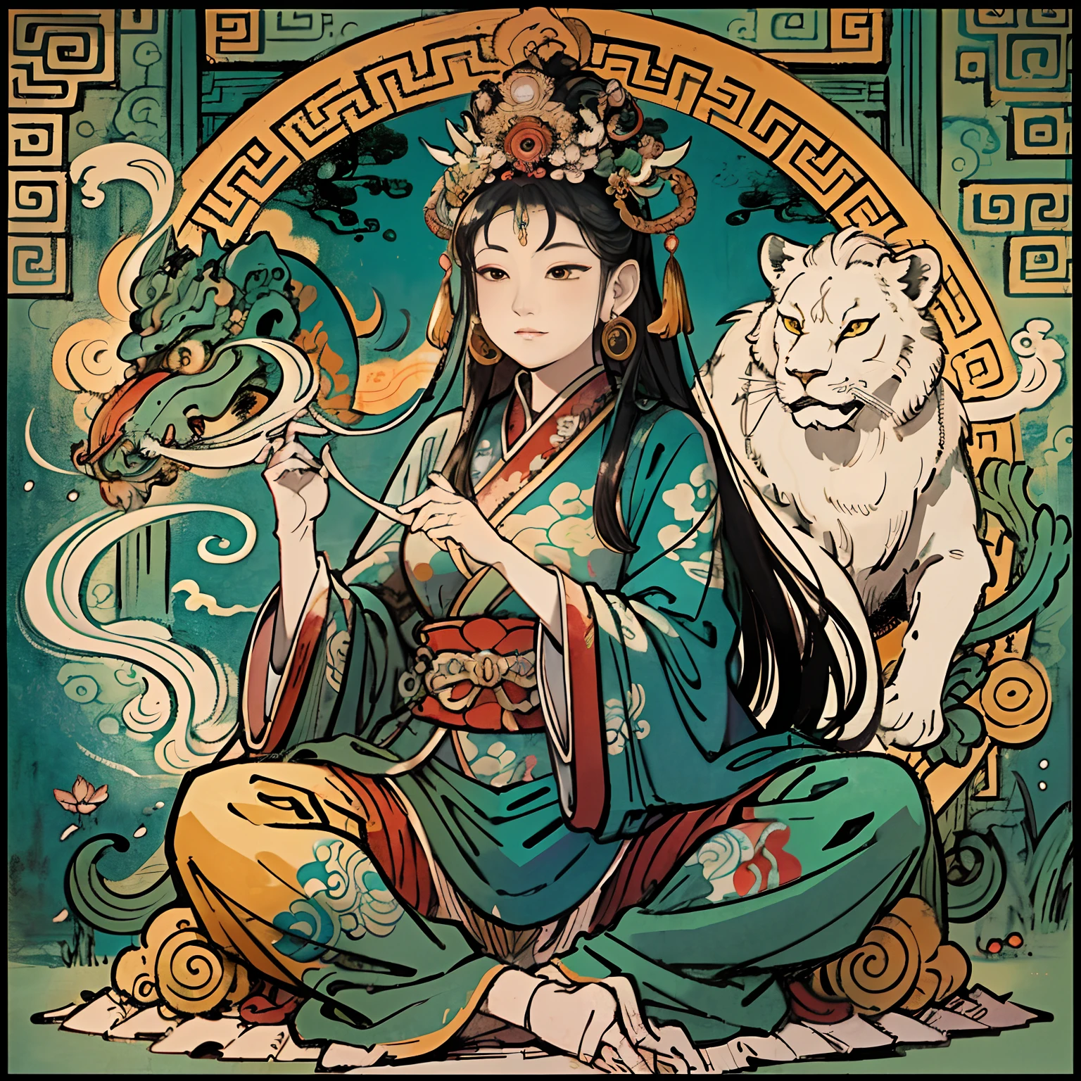 an ancient Chinese goddess, guanyin of the southern seas, Guanyin, Inspired by India, Avalokiteshvara rides a lion，,Serene expression,shui mo hua,Buddha,Buddhist,Lotus,Chinese painting style,Thangka style