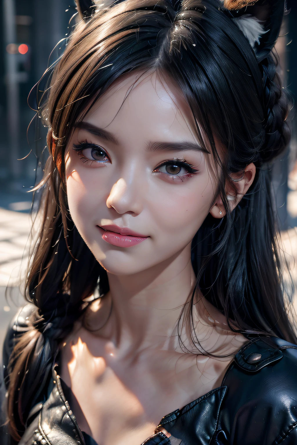 black hair, hair bobbles, wince, longeyelashes, solid circle eyes, fake animal ears, light smile, ear blush, fang, Surrealism, drop shadow, anaglyph, stereogram, tachi-e, pov, atmospheric perspective, 8k, super detail, ccurate, best quality, award winning, super detail, anatomically correct, UHD, retina, masterpiece, ccurate, textured skin, high details, best quality, highres, high quality, 8k