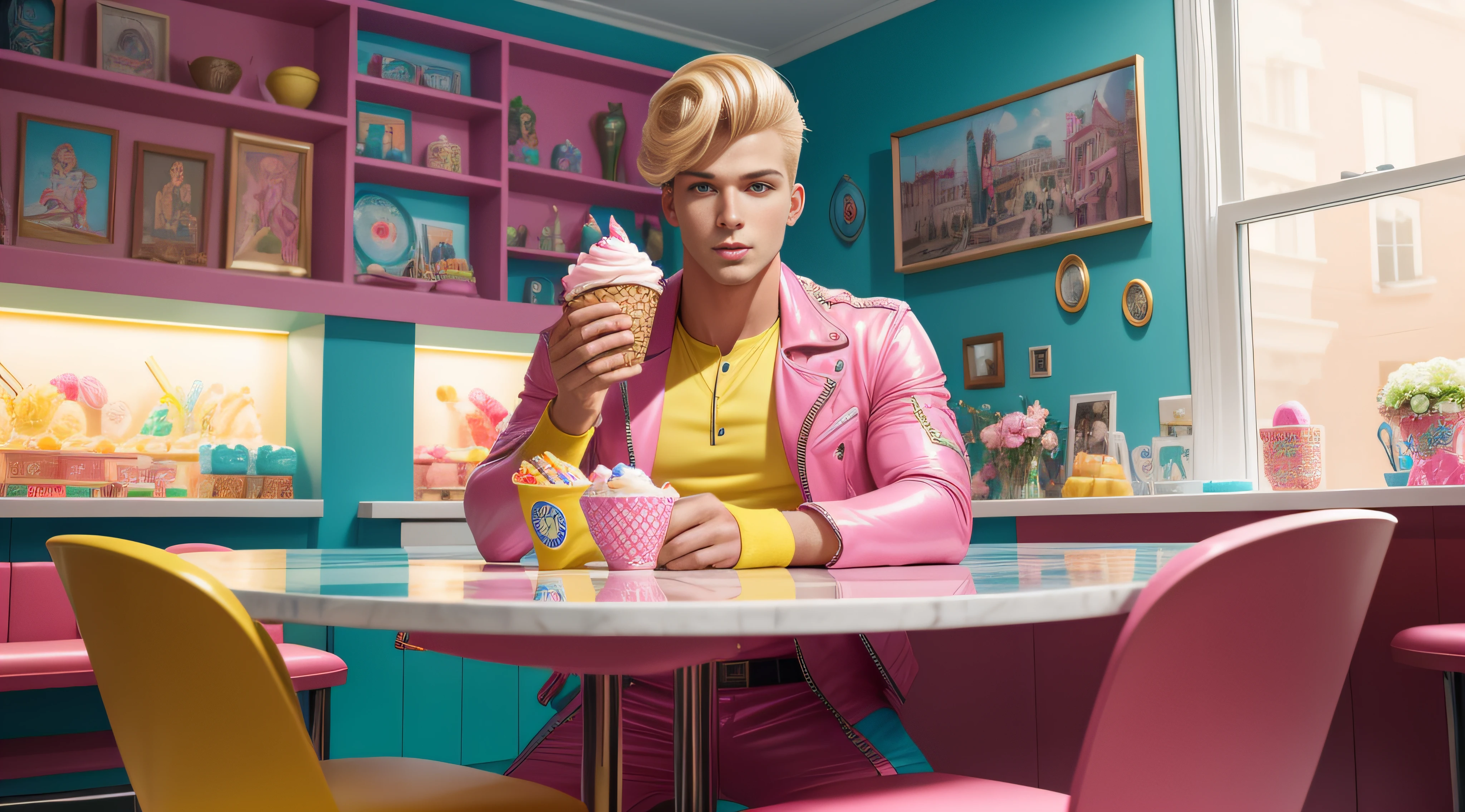 Create a hyper-realistic, high-resolution AI-generated image featuring a youthful, athletic male character reminiscent of the 1960s Ken doll from Barbie. He sports a distinctive 50s-inspired yellow blonde "wet back" hairdo, exuding a vibrant and energetic aura. He confidently wears a flamboyant pink and turquoise latex outfit, showcasing his unique style. 

Situated in a whimsical ice cream shop adorned with joyful American pop art decor, the man occupies the center of the composition. Positioned front and center, he sits gracefully behind a generously-sized sorbet ice cream atop a contemporary table. 

The meticulously detailed male protagonist boasts lifelike realism akin to a photograph, meticulously capturing every intricate nuance. The meticulously crafted scene is symmetrically arranged, reminiscent of wide-angle lens photography, offering a panoramic view of the setting. 

The overall ambiance is playful and candy-coated, radiating a delightful bubblegum aesthetic. The background generously frames the main character, allowing his vibrancy to shine against the joyful backdrop. The image embodies an AI's interpretation of a photorealistic masterpiece, rendering the scene in high-resolution to accentuate every detail.