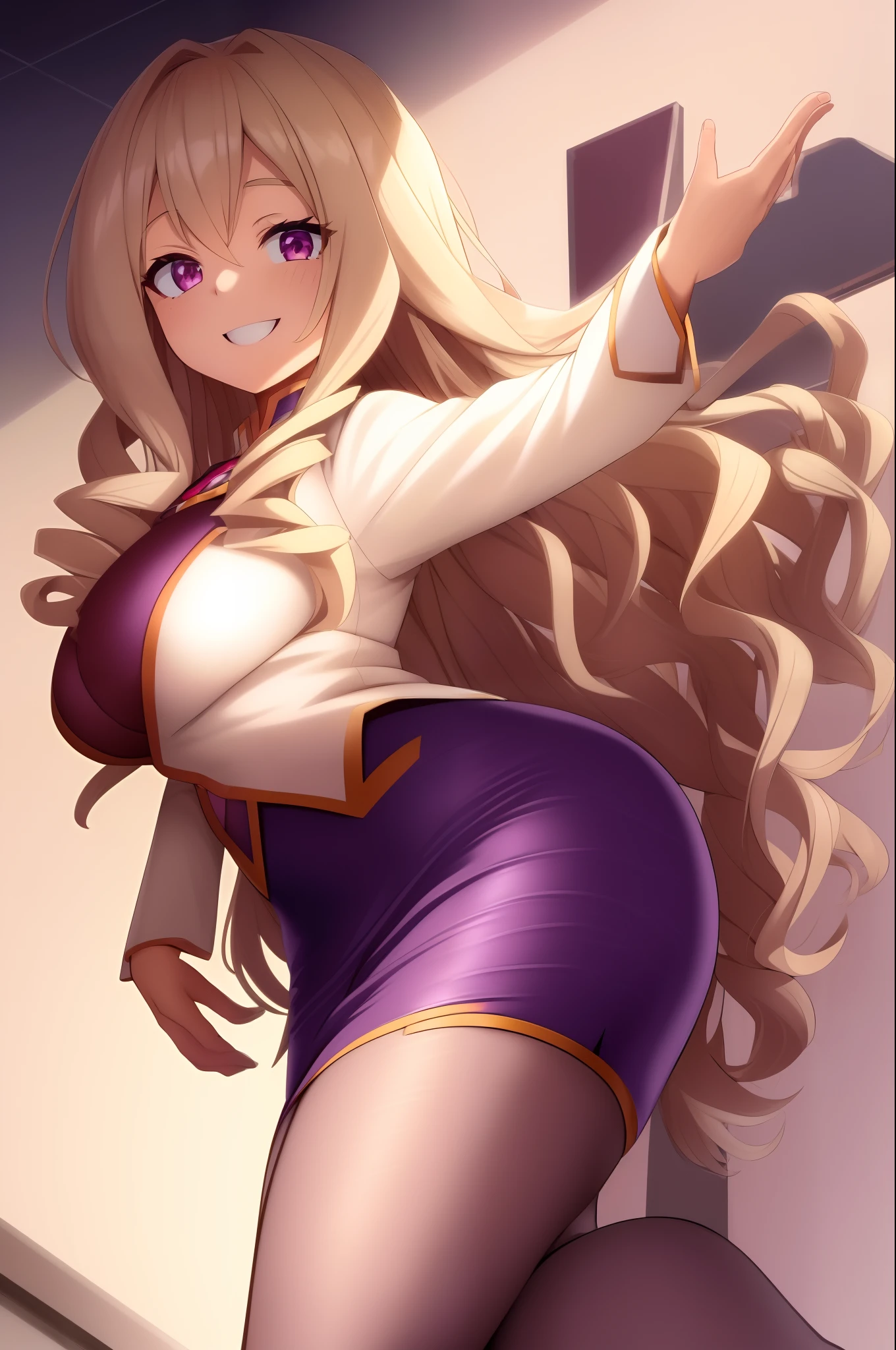 scan, (extremely detailed CG unity 8k wallpaper:1.1), (traditional media:0.9), (sketch:0.9), tracing, ultra-detailed, soft lighting, anime, (1girl), mtladymha, boku no hero academia, long hair, blonde hair, skirt suit, blazer, pencil skirt, large breasts, purple eyes, smile