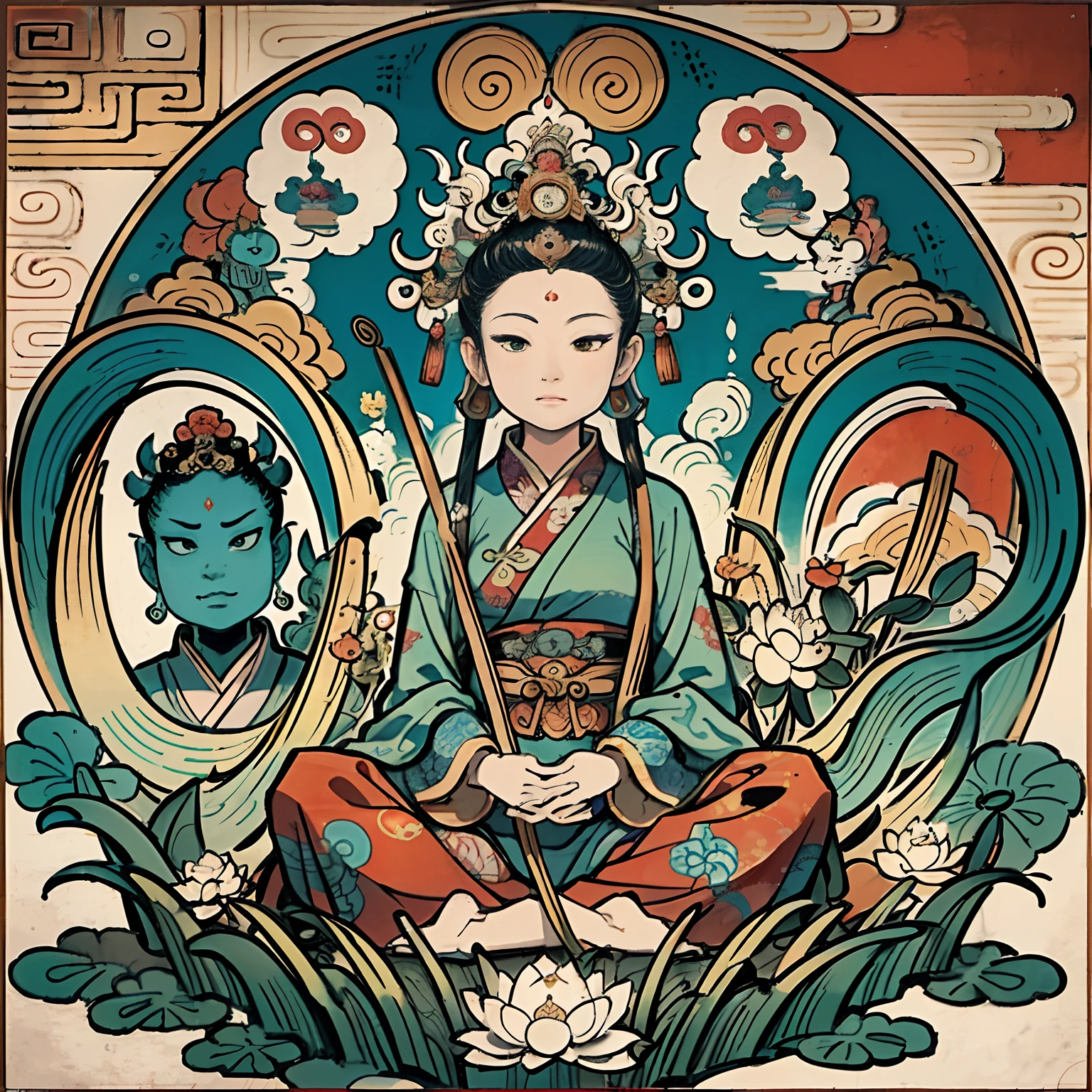 an ancient Chinese goddess, guanyin of the southern seas, Guanyin, Inspired by India, Avalokiteshvara rides a lion,,Serene expression,shui mo hua,Buddha,Buddhist,Lotus,Chinese painting style,Thangka style