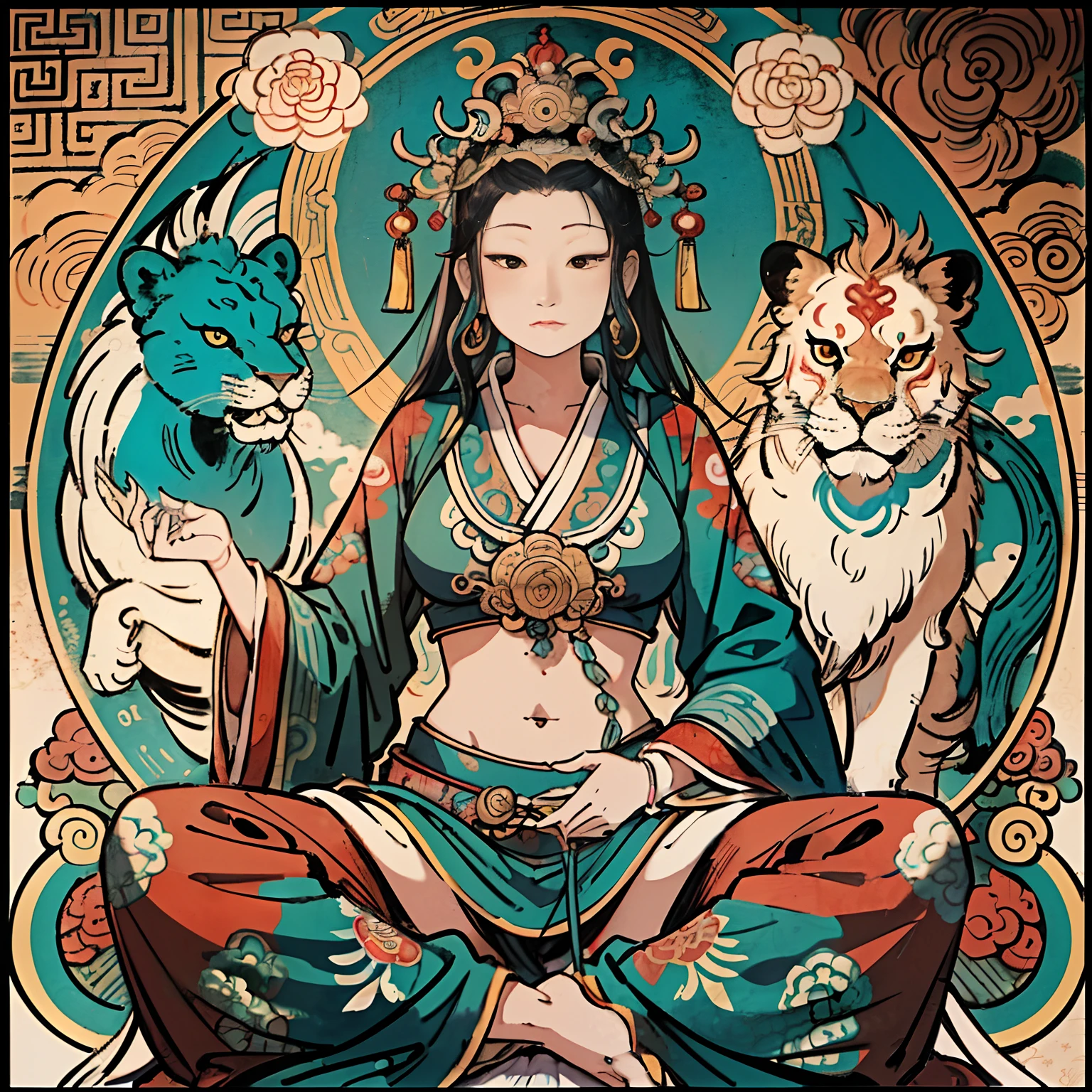 an ancient Chinese goddess, guanyin of the southern seas, Guanyin, Inspired by India, Avalokiteshvara rides a lion,,Serene expression,shui mo hua,Buddha,Buddhist,Lotus,Chinese painting style,Thangka style
