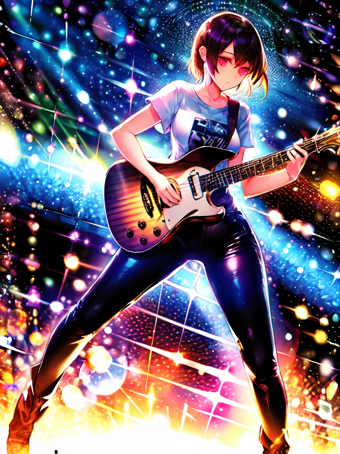 Clean and simple background,1 girl,T-shirt,Black leather pants,solo, Rock Singer, short hair, singing and playing guitar, cinematic, concert lighting, dynamic angle, beautiful detailed glow, full body, cowboy shot, Dreamy Glow， (Bokeh:1.5)，masterpiece, super detailed, epic composition, highest quality, 4k，