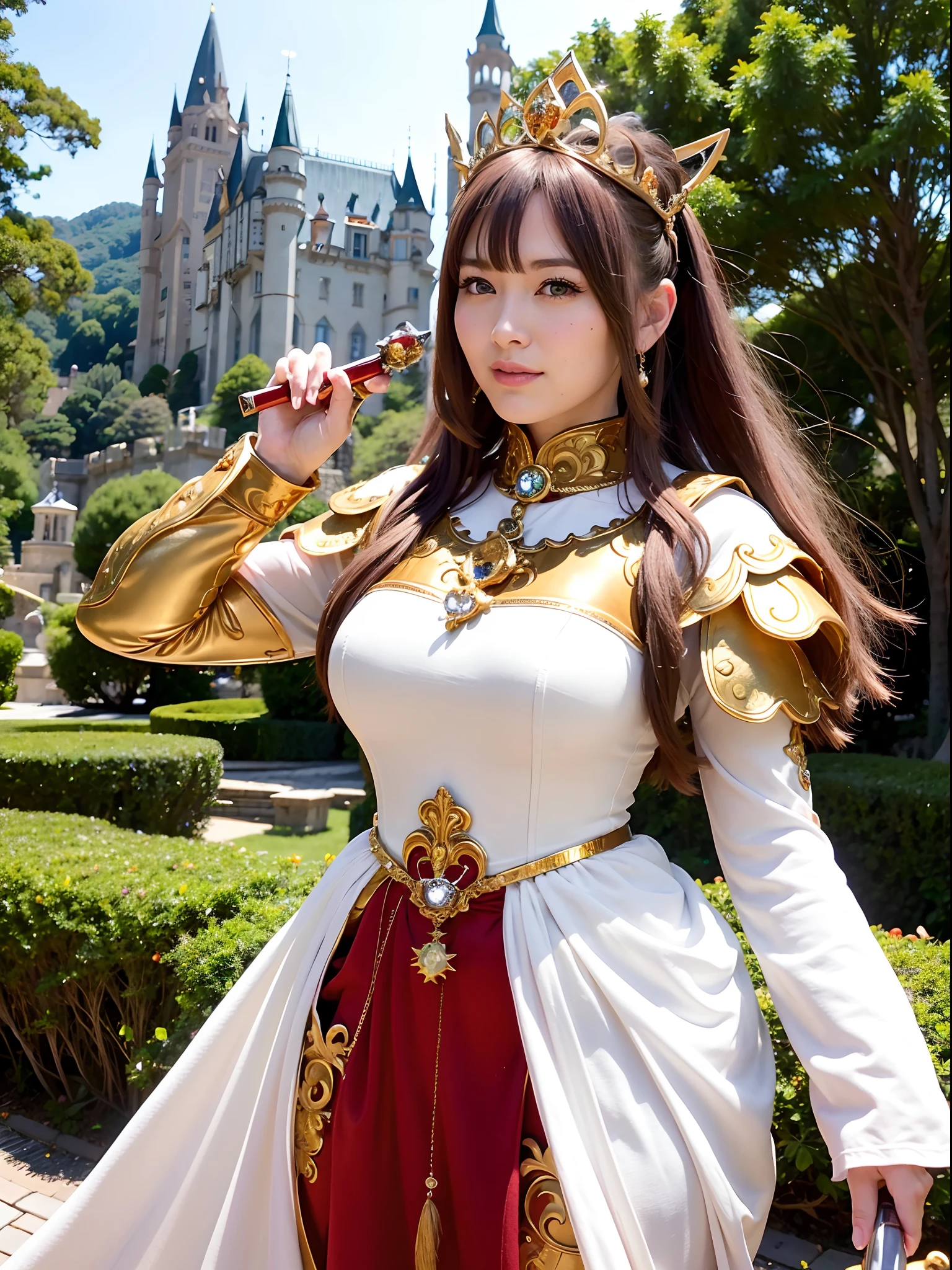 (masutepiece), Professional , masterpiece、top-quality、photos realistic , depth of fields (Gemstone Silver Metal Body:1.9),(Matte White、Jewel Gold Weapon、(Gorgeous castle background)、(Jewel Metal Body:1.4),Gorgeous Jewel Metal Weapons , Detailed Sword of the Brave ,( Soldier background in metal armor) ,warhammer 40k , adepta sororitas,Detail and ornate jewel crown、独奏、Brown hair、(Gangle's forest background)、Beautiful Caucasian beauty、1a person、dynamic ungle,(((Diamond tiara with detail and luxury)))、a small face、A smile、Powerful poses、(Gorgeous castle background)、huge filesize、20 year old beautiful woman、Stand in the center of the screen、Thin female fingers、Straight long hair、Beautiful Caucasian beauty、