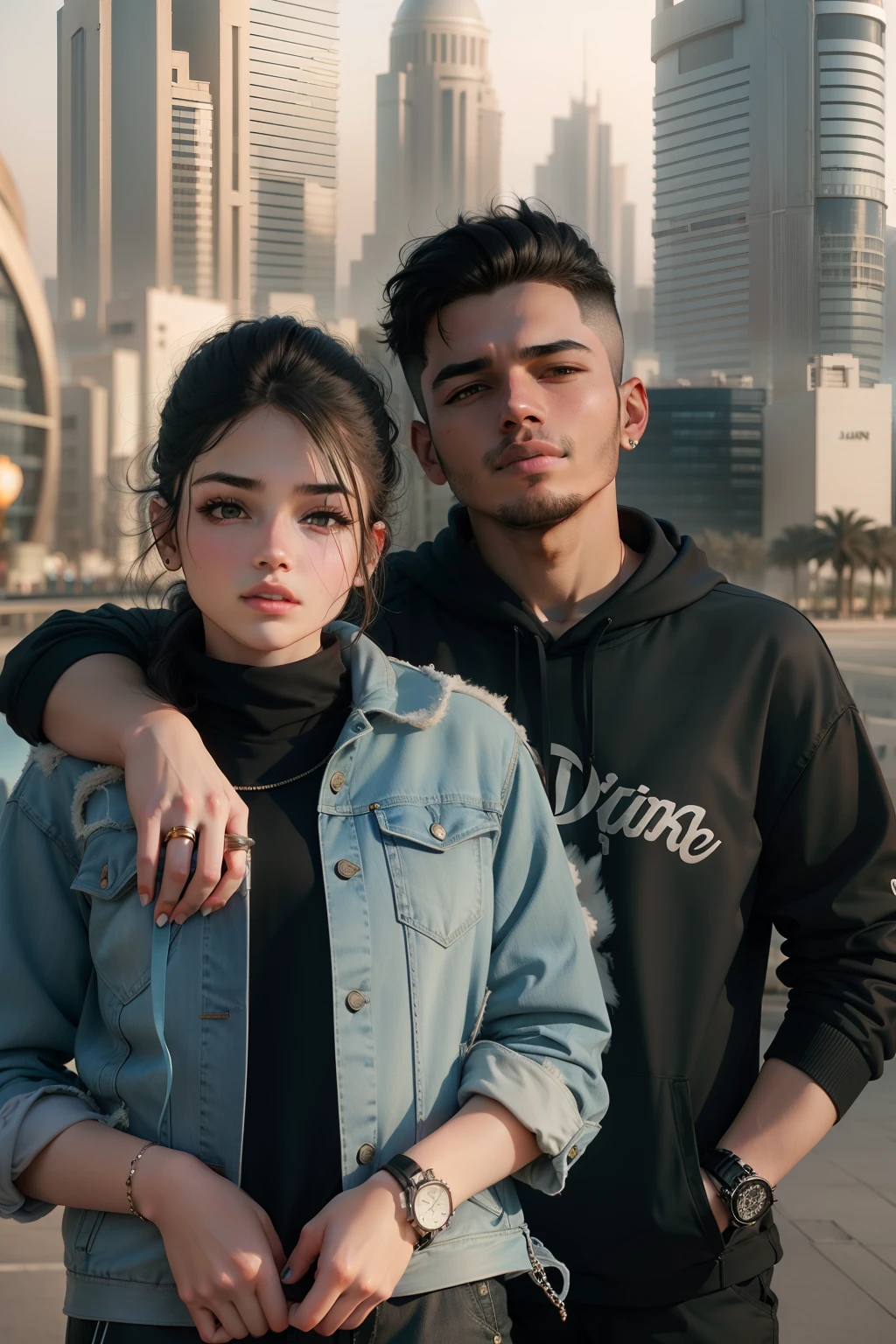 Couple's where girl wearing a denim jacket and black trouser and the boy wearing dior hoodie and trouser wih the background of Dubai buildings