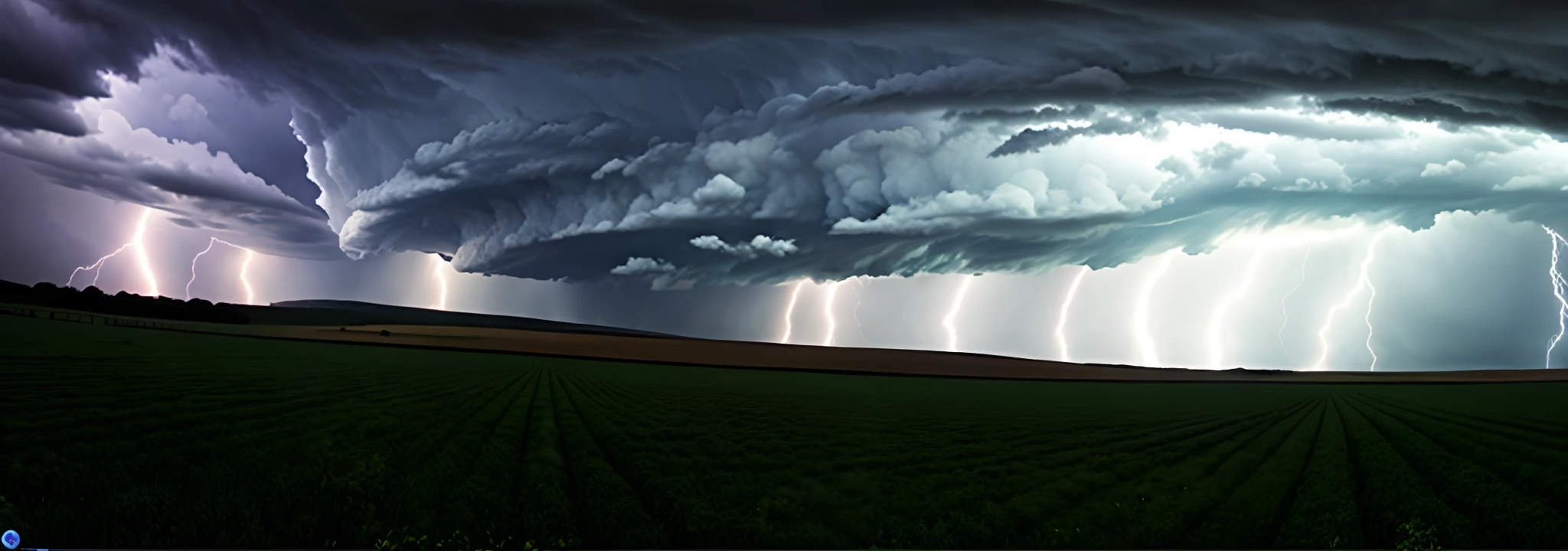 The Alaf scene of the fields where the storm is coming, wide long shot, Epic ultra-wide-angle lens, Thunderstorm supercells, very wide angle shot, epic wide shot, Huge storm, super wide shot, very wide wide shot, super wide shot, very wide angle shot, low ultrawide shot, Storm in the background, very wide wide shot, More thunderstorms, very very wide shot