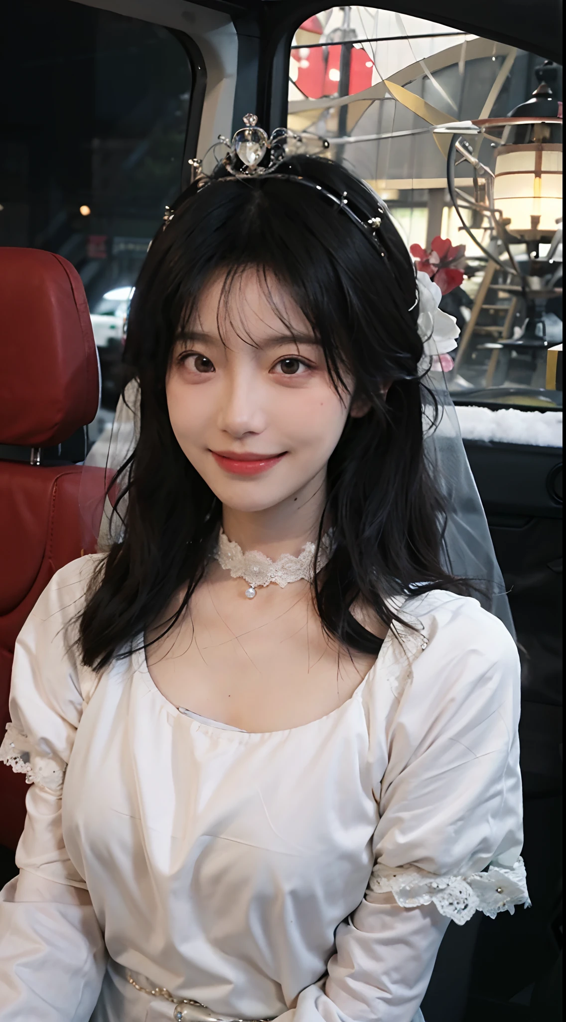 best qualtiy，tmasterpiece，超高分辨率，（realisticlying：1.4），2girls，winking，self-shot，，Gauze clothes，，Large wavy curls，Goose egg face，tiara crown，Enchanted smile，二重まぶた，A pair of peach blossom eyes，Lace wedding dress，Pure，choker necklace，adolable，Snow-white translucent skin，head straight-looking at viewer，On a helicopter，Full of atmosphere，hair pin：1.4，（The upper part of the body：1.4），